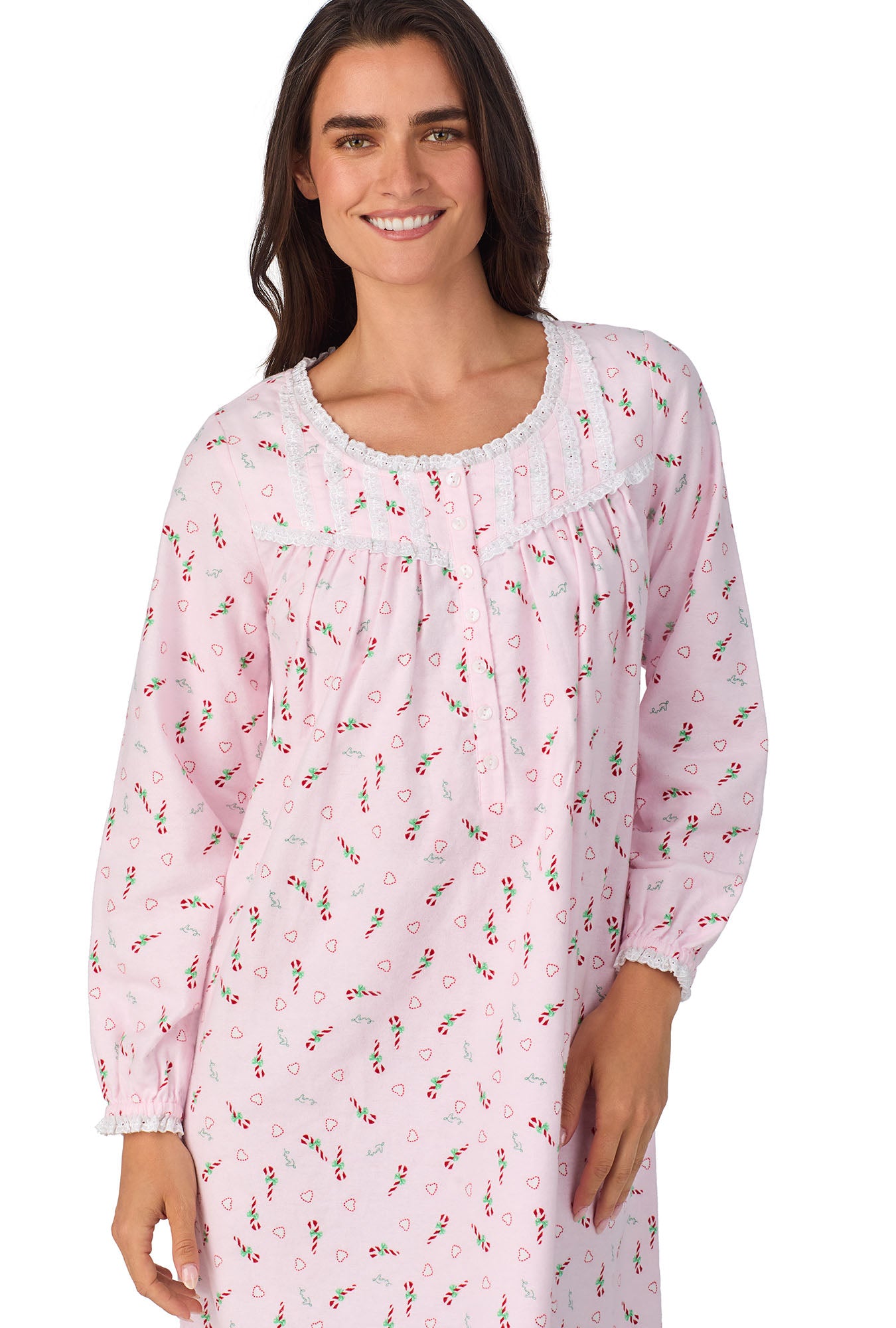 A lady wearing Candy Canes Waltz Flannel Gown
