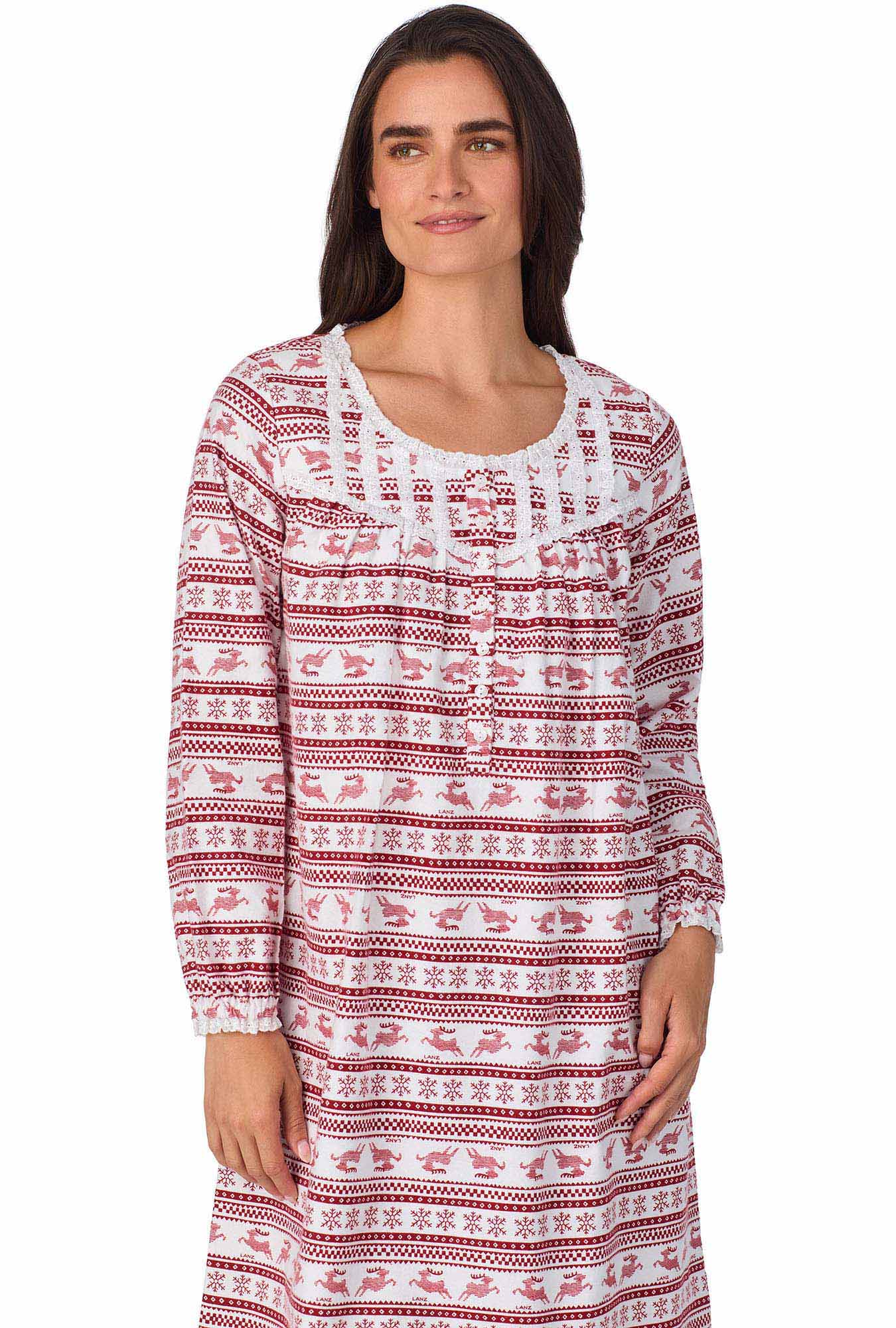 A lady wearing Red Fair Isle Waltz Flannel Gown