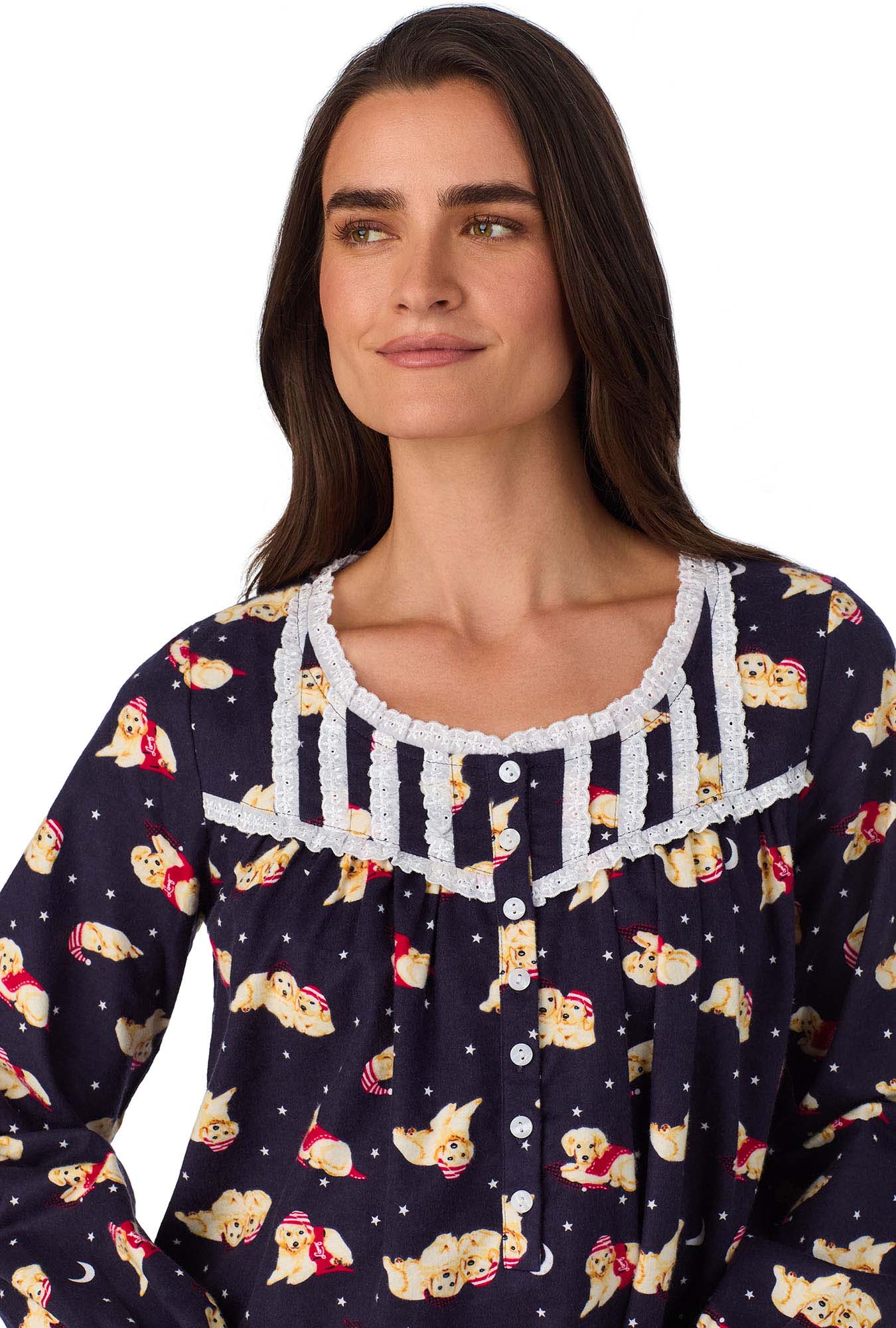 A lady wearing Cuddly Labs Waltz Flannel Gown