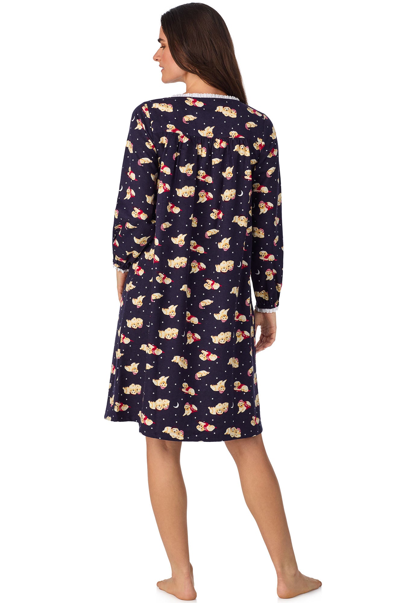 A lady wearing Cuddly Labs Waltz Flannel Gown