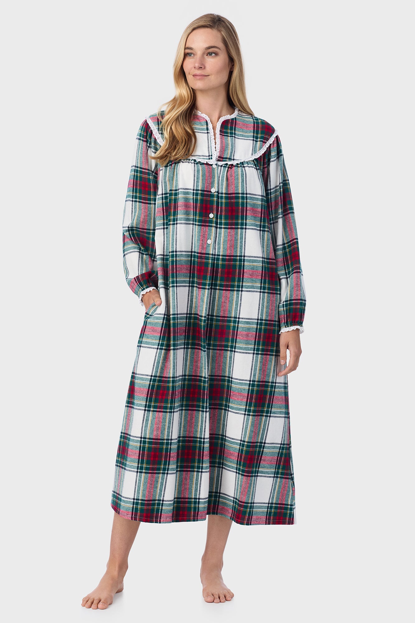 Lanz of Salzburg Classic 50' Open Neck Gown - White Plaid - XS Lanz of Salzburg Classic 50' Open Neck Gown - White Plaid - XS