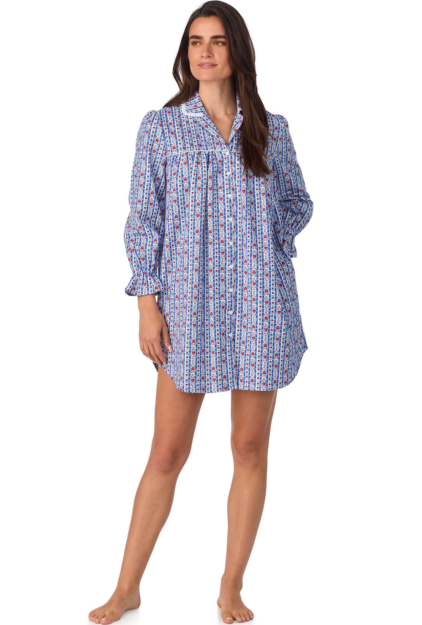 A lady wearing Classic Blue Tyrolean Stripe Flannel Nightshirt