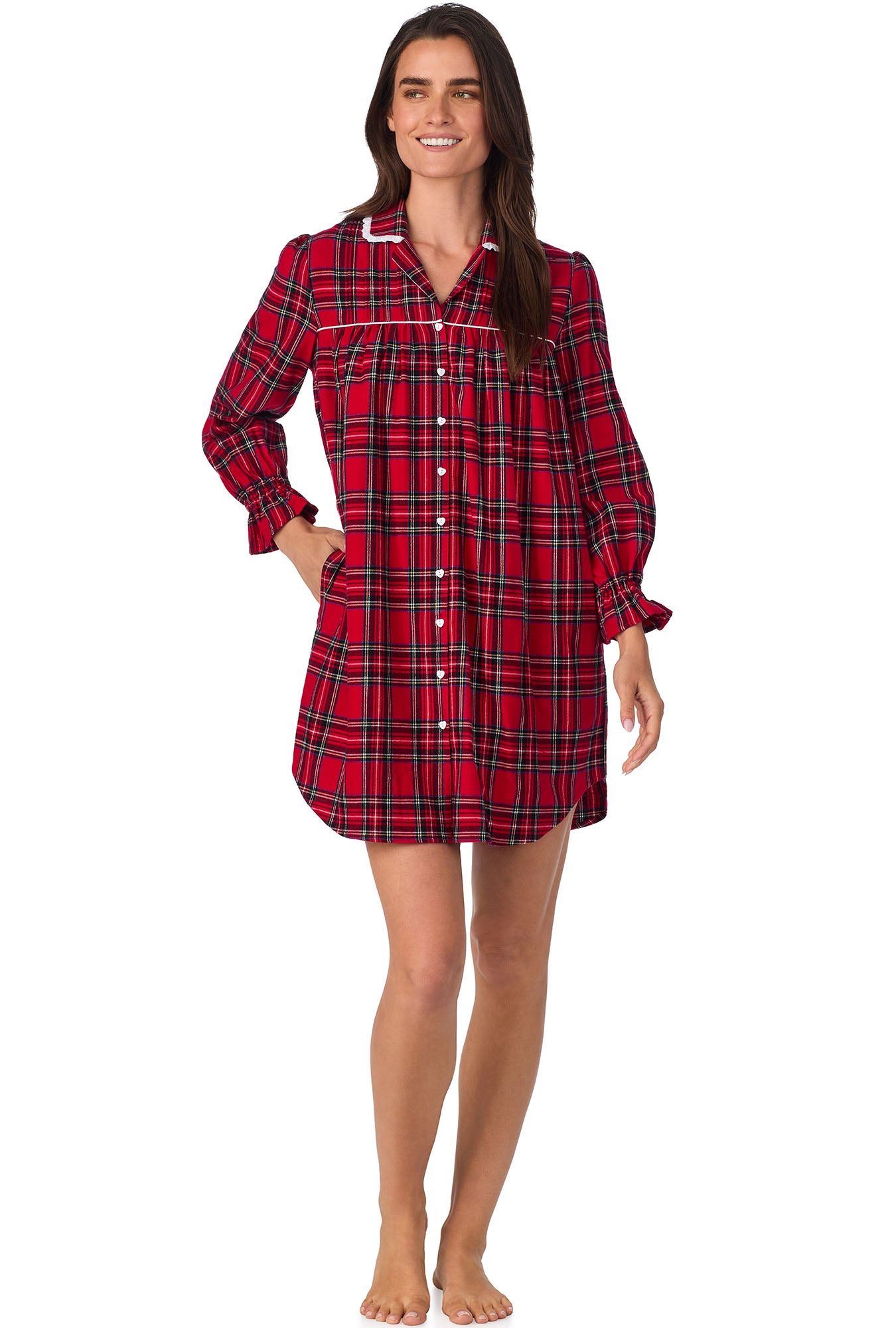 A lady wearing Red Tartan Flannel Nightshirt