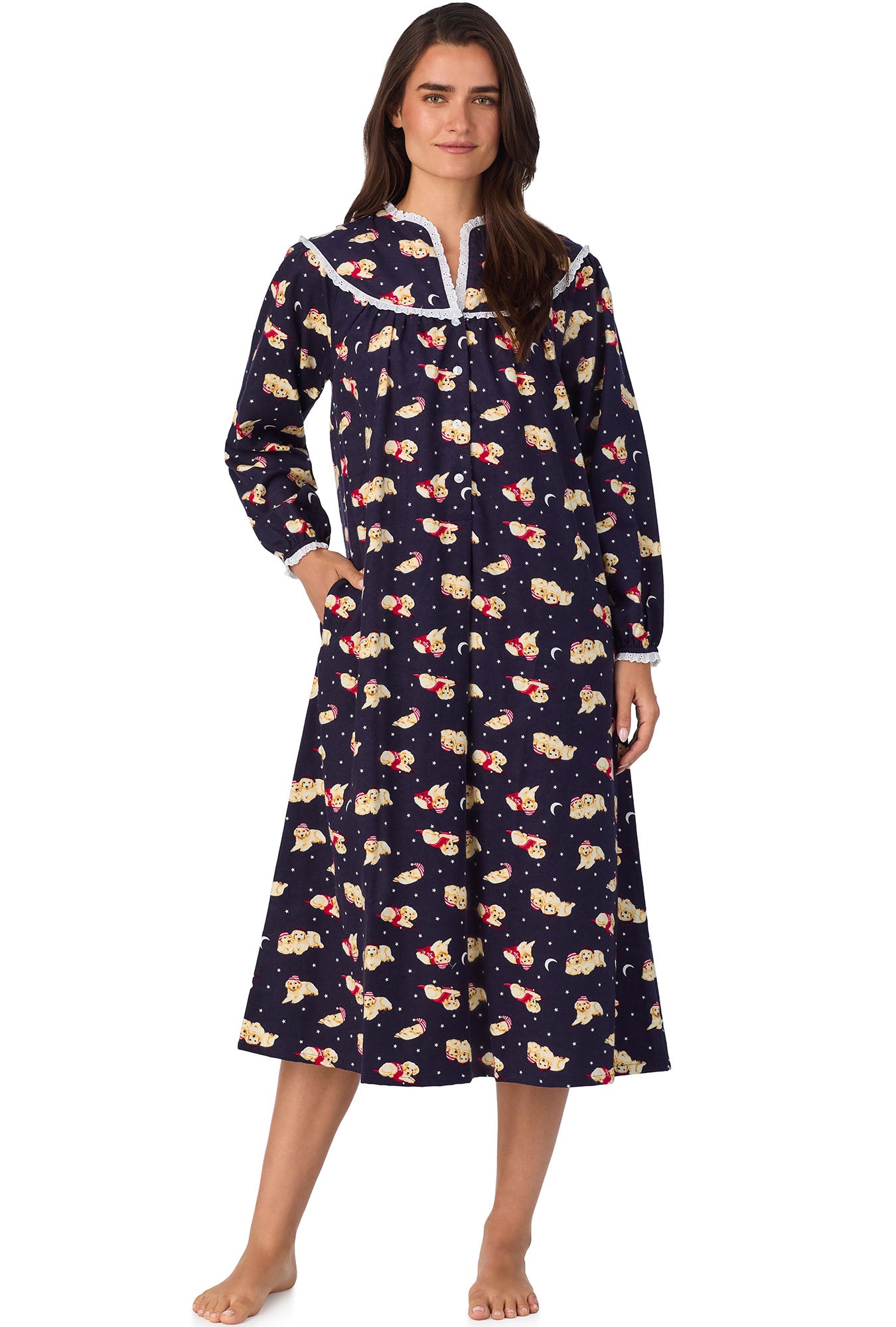 A lady wearing Cuddly Labs Flannel Gown