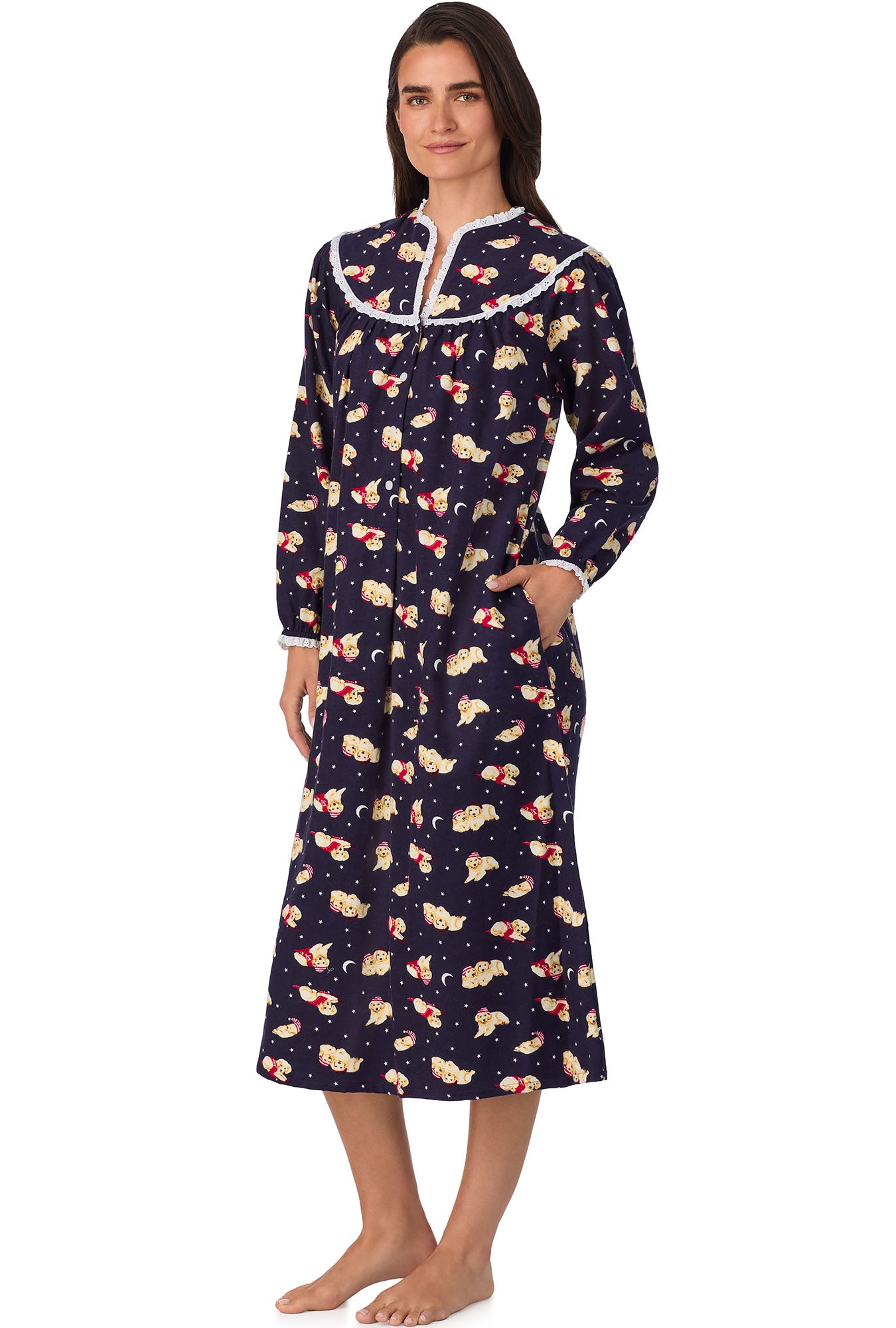 A lady wearing Cuddly Labs Flannel Gown