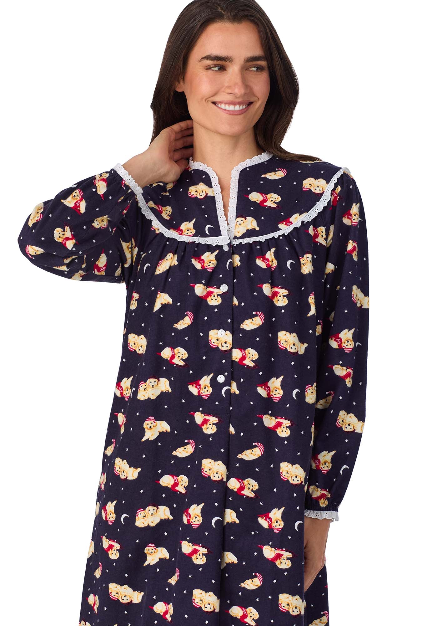 A lady wearing Cuddly Labs Flannel Gown
