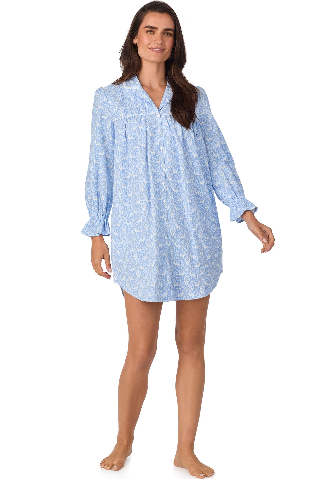 A lady wearing Blue Nordic Tyrolean Flannel Nightshirt