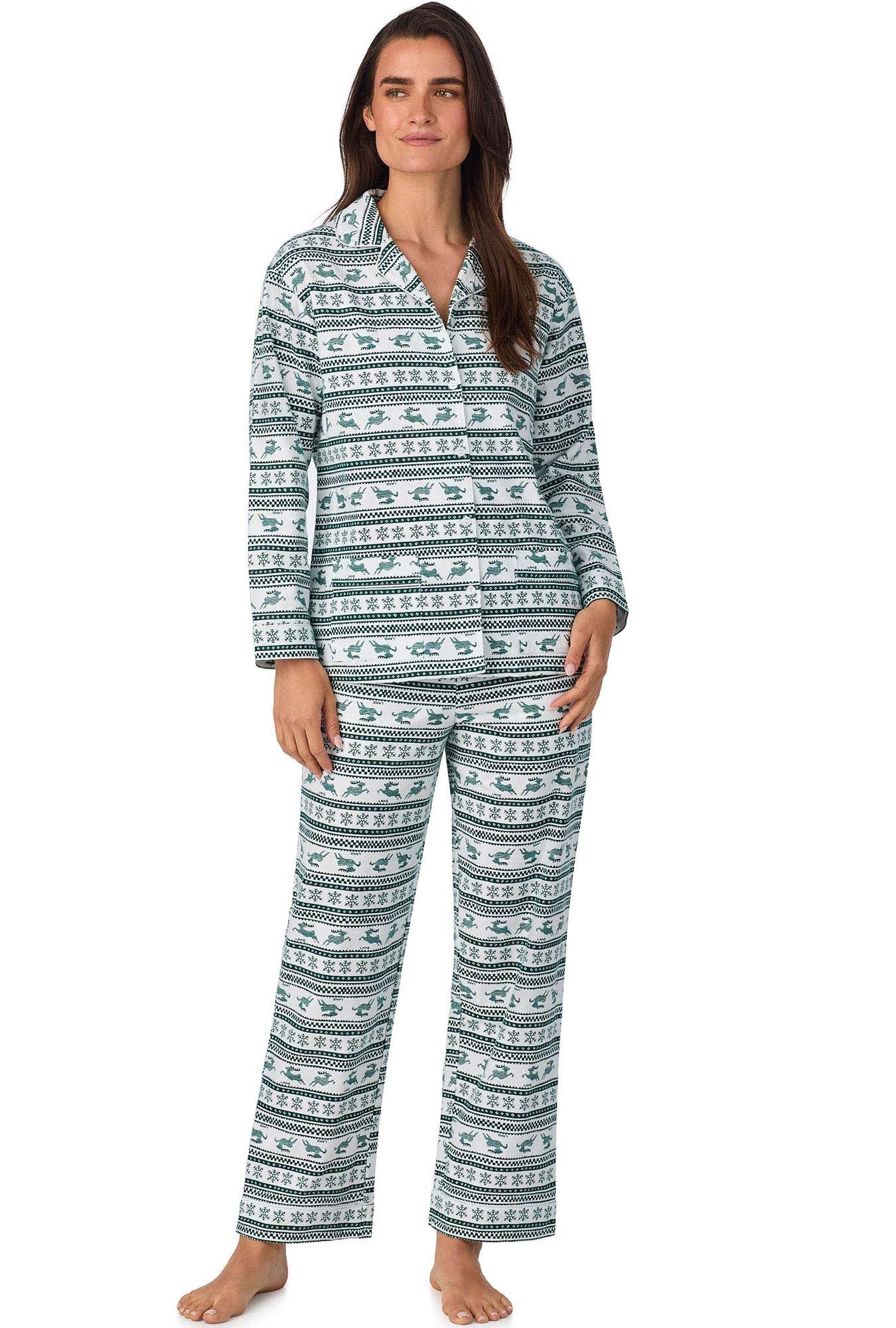 A lady wearing Hunter Green Fair Isle Classic Notch Pajama
