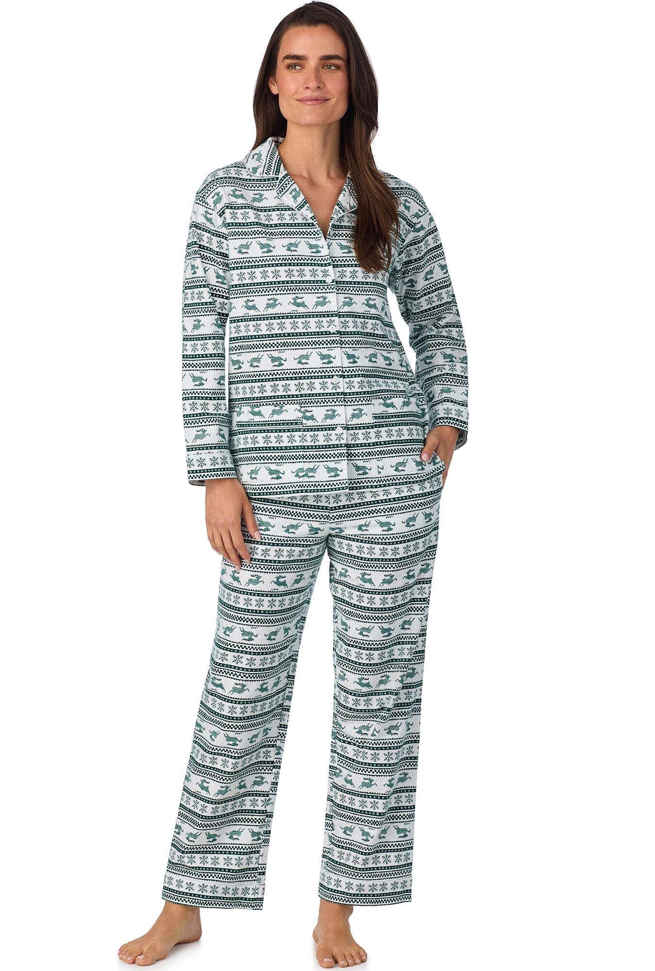 A lady wearing Hunter Green Fair Isle Classic Notch Pajama