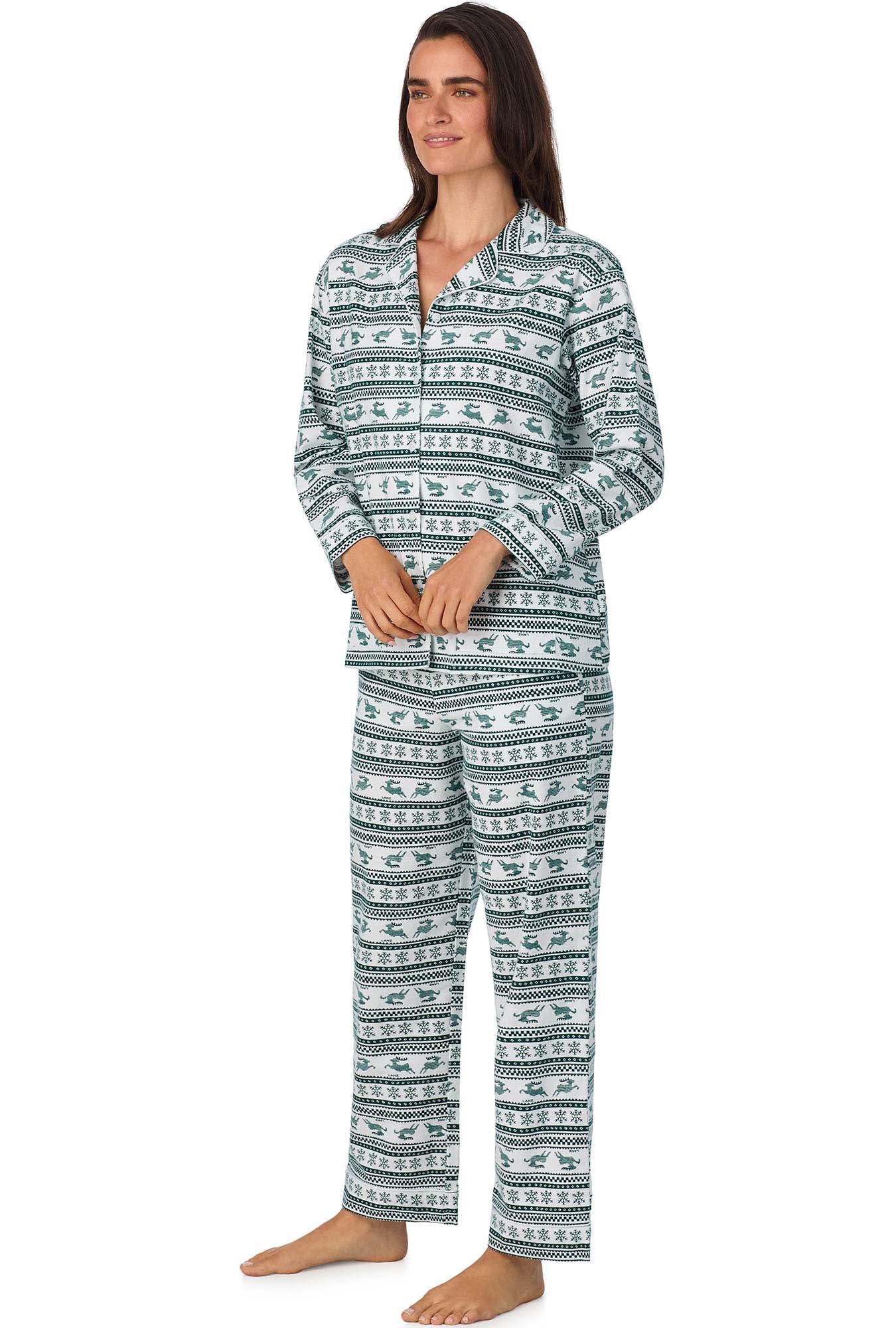 A lady wearing Hunter Green Fair Isle Classic Notch Pajama