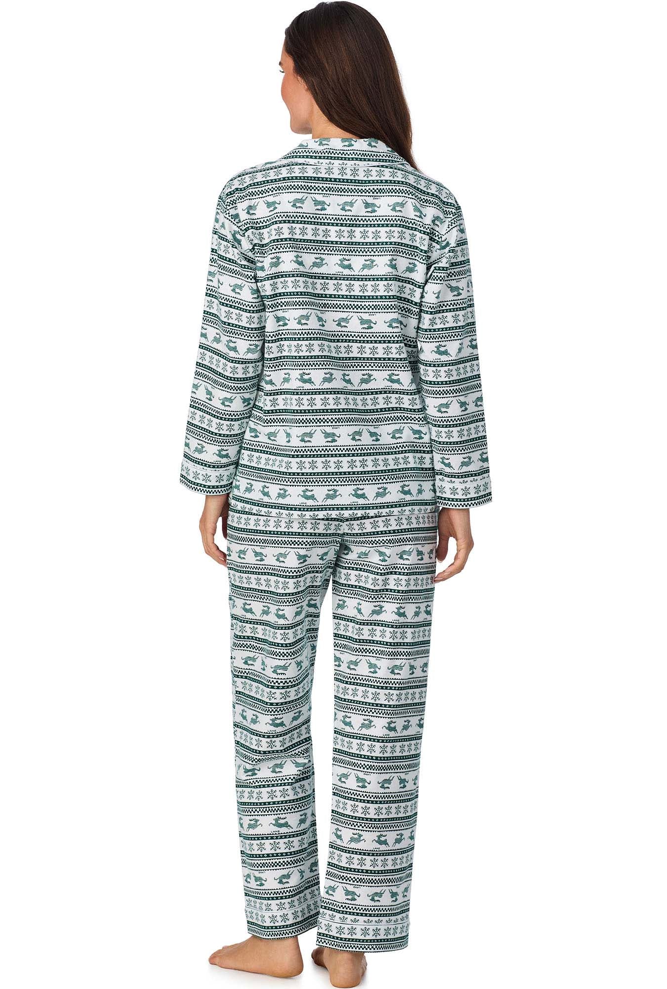 A lady wearing Hunter Green Fair Isle Classic Notch Pajama