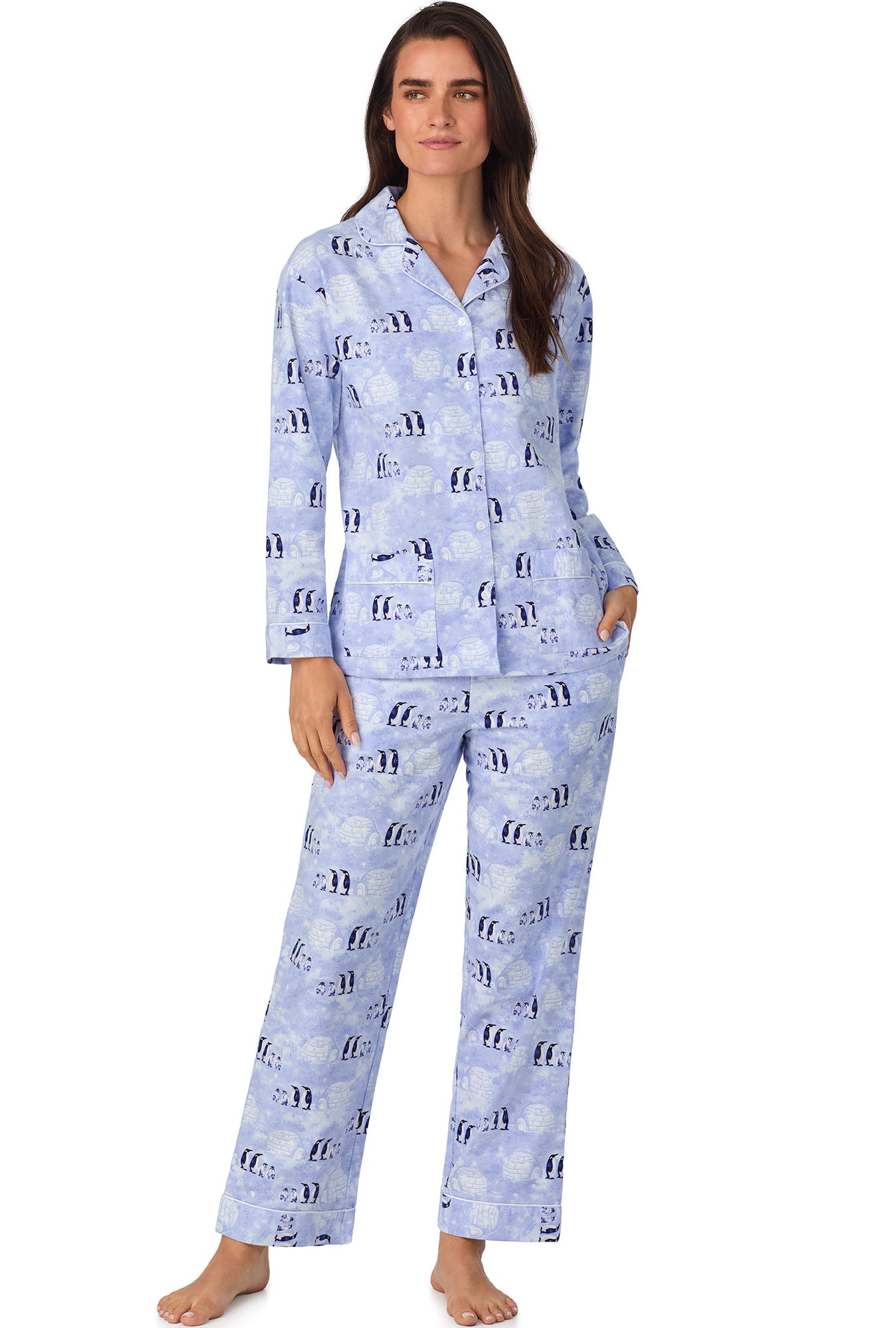 A lady wearing Blue Penguins Classic Notch Pajama