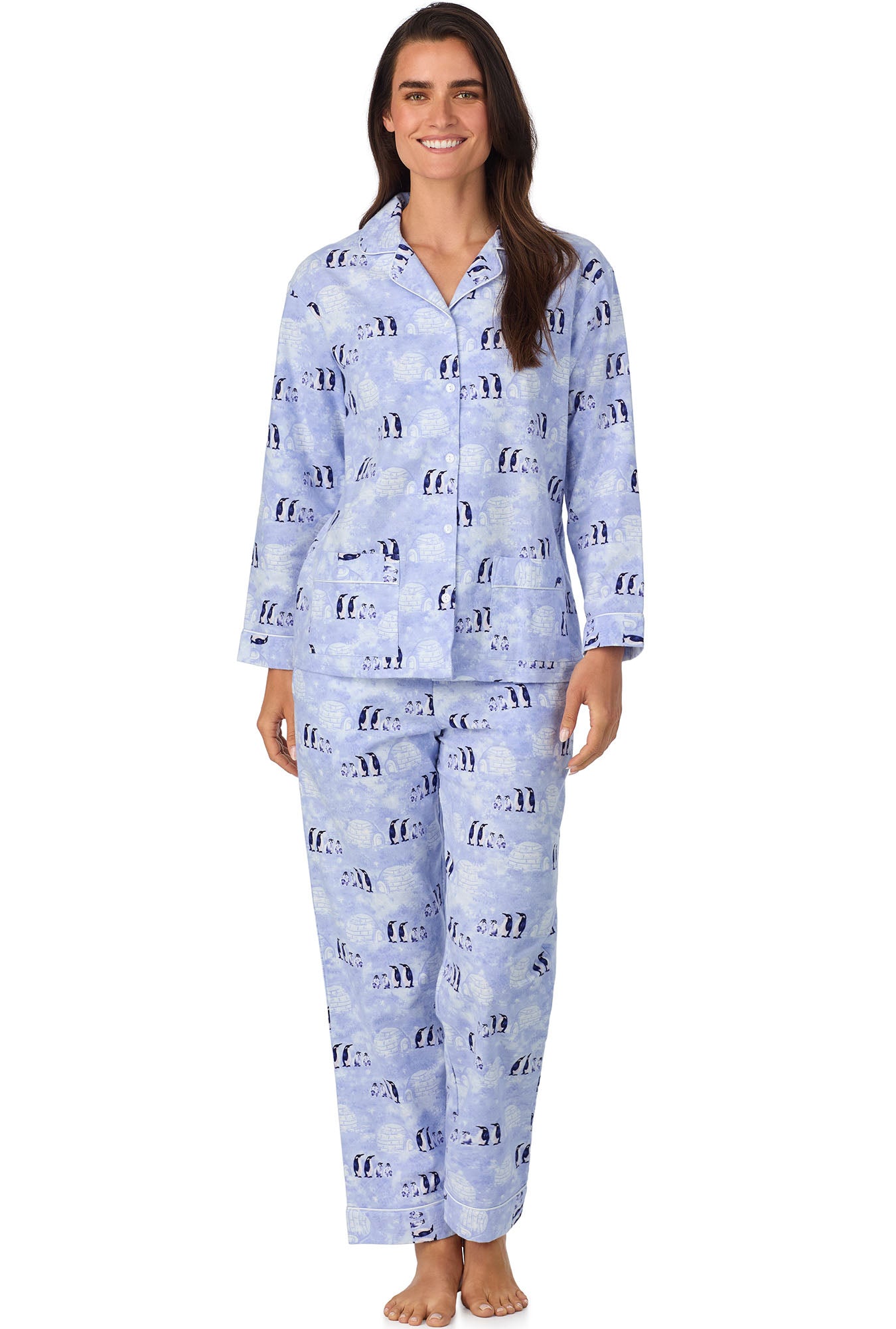 A lady wearing Blue Penguins Classic Notch Pajama