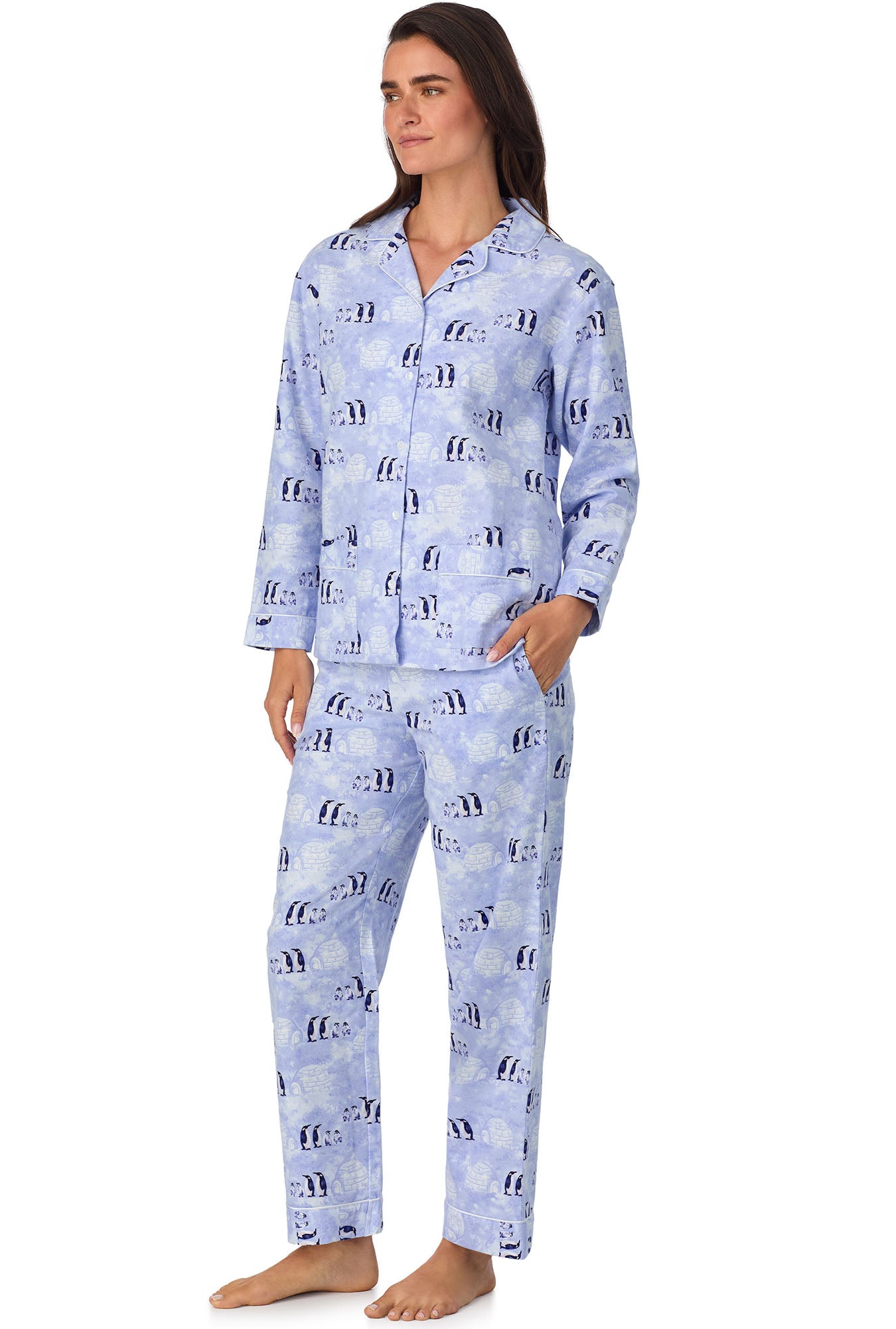 A lady wearing Blue Penguins Classic Notch Pajama