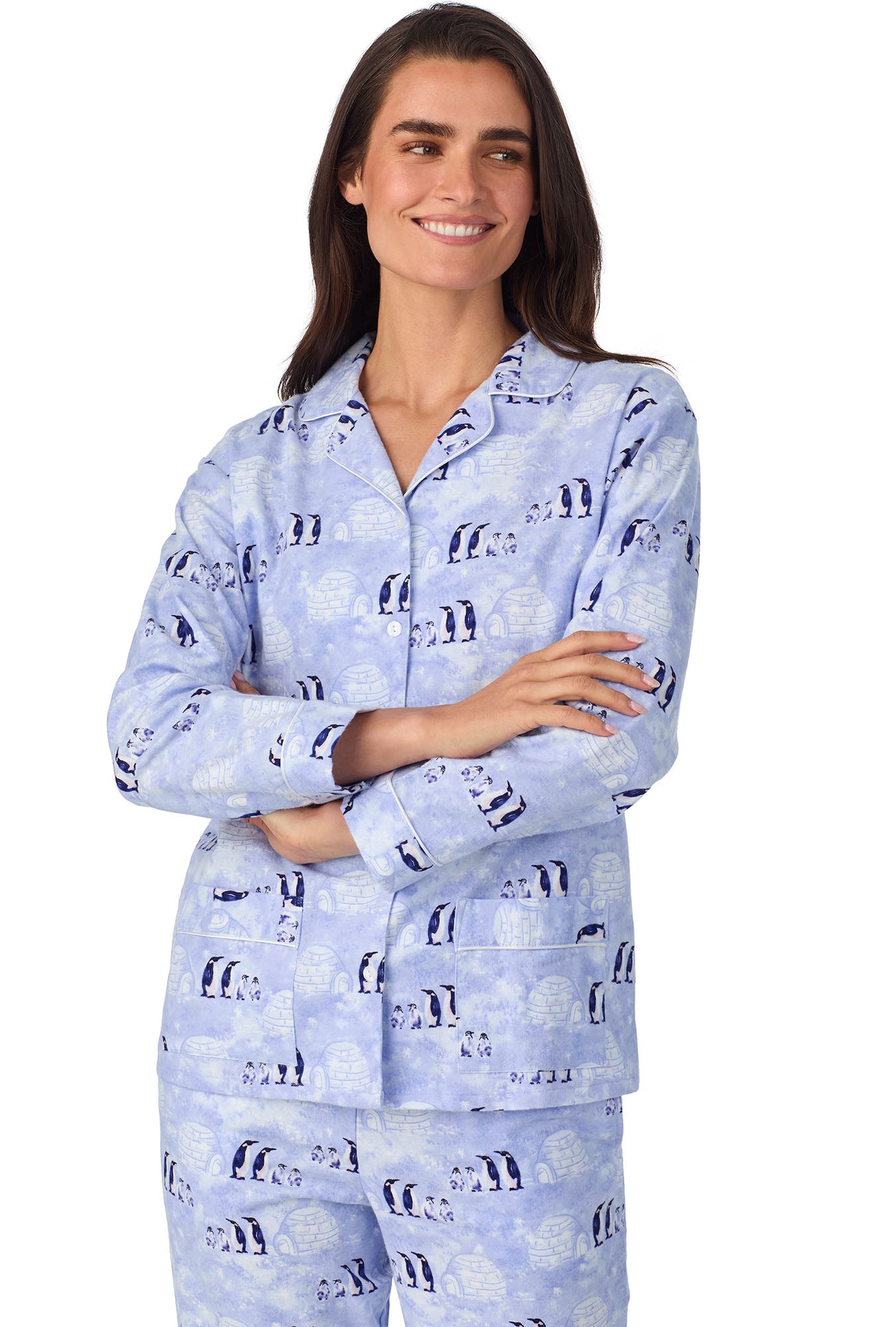 A lady wearing Blue Penguins Classic Notch Pajama
