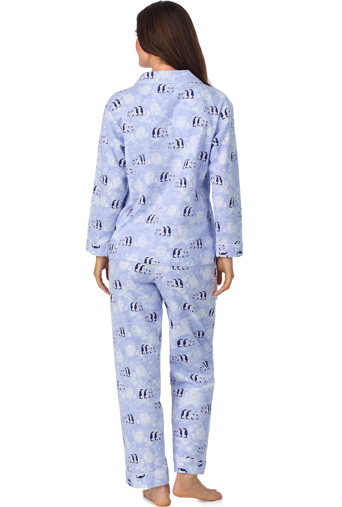 A lady wearing Blue Penguins Classic Notch Pajama