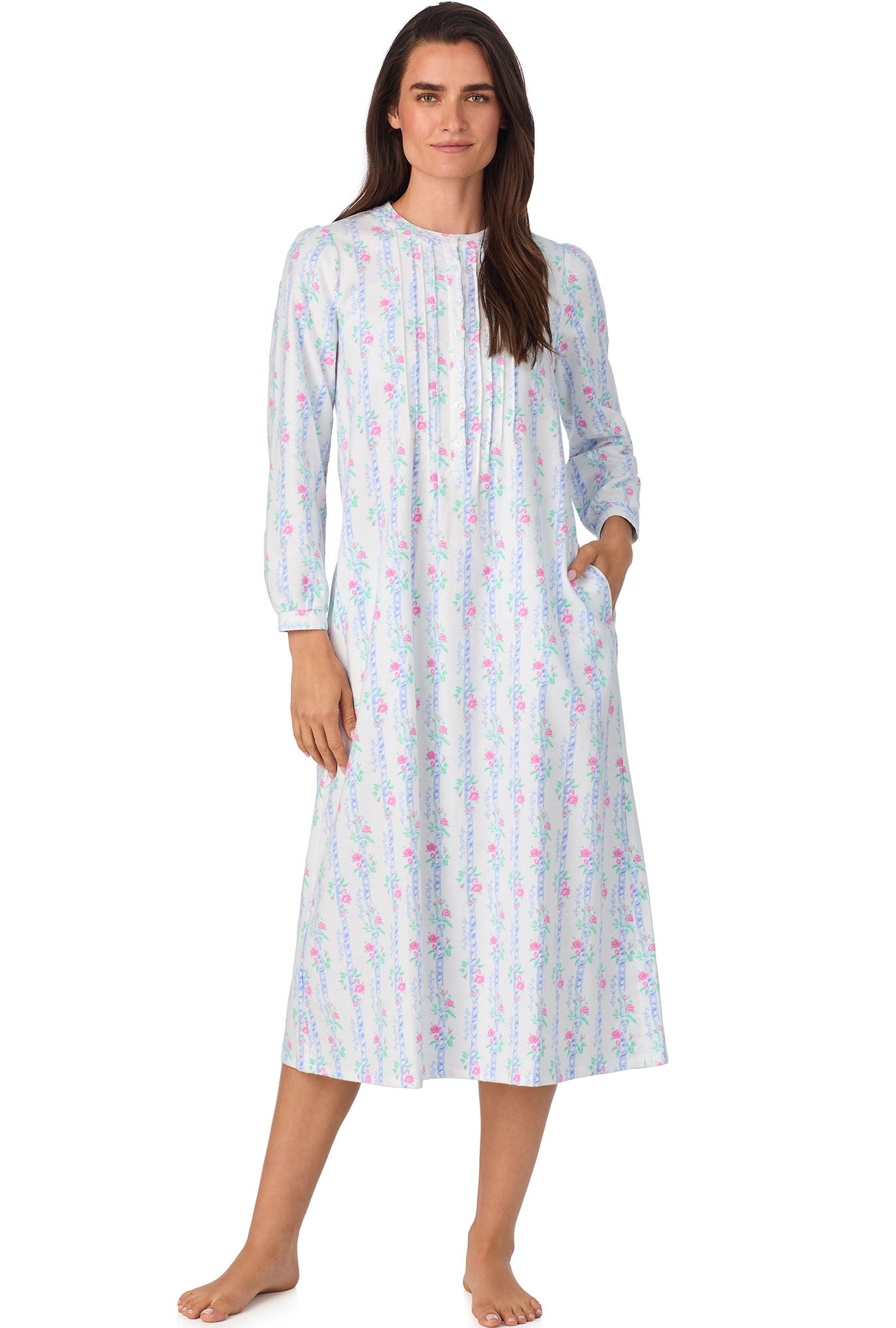 A lady wearing Sweet & Simple Moire Garland Stripes Flannel Gown