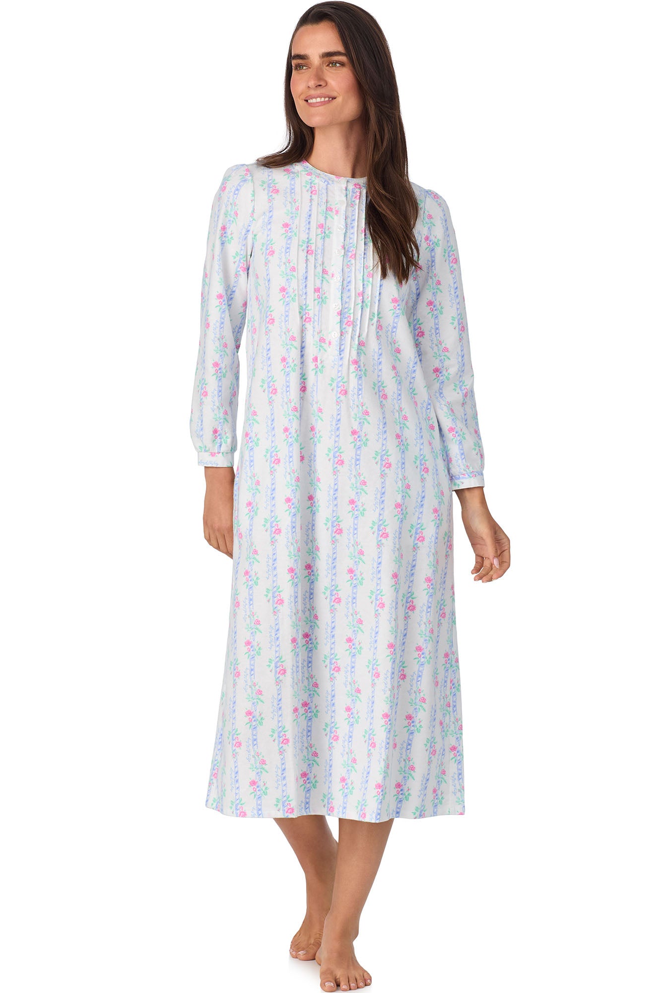 A lady wearing Sweet & Simple Moire Garland Stripes Flannel Gown