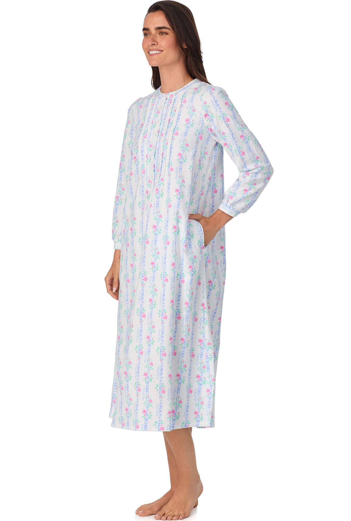 A lady wearing Sweet & Simple Moire Garland Stripes Flannel Gown