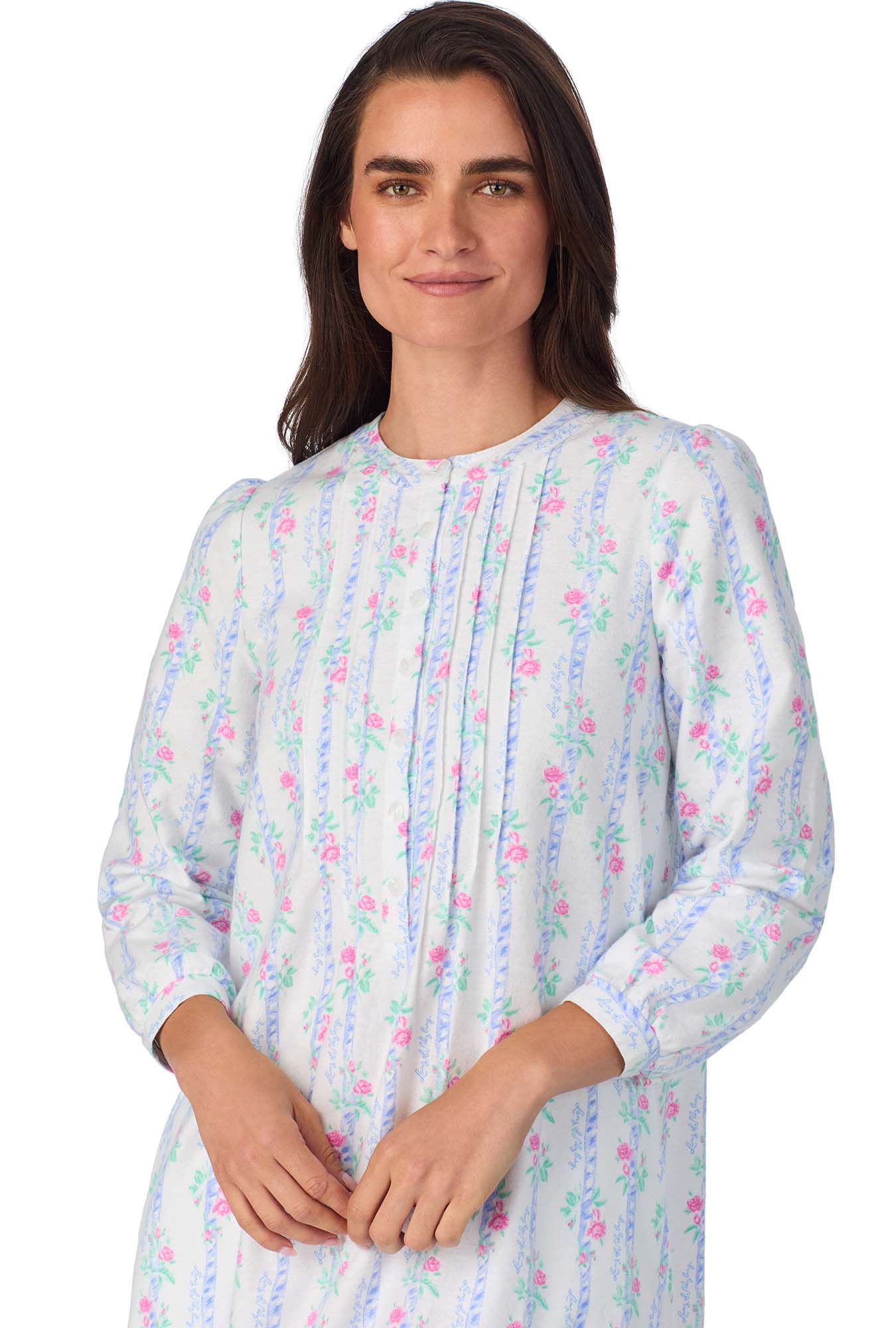 A lady wearing Sweet & Simple Moire Garland Stripes Flannel Gown