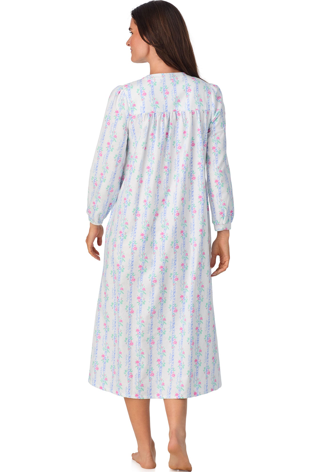 A lady wearing Sweet & Simple Moire Garland Stripes Flannel Gown