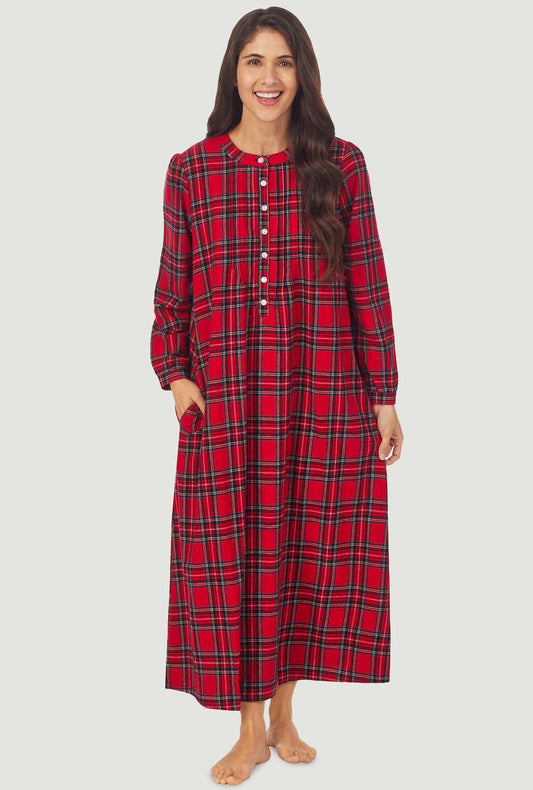A lady wearing a red tartan long sleeve sweet and simple flannel gown.