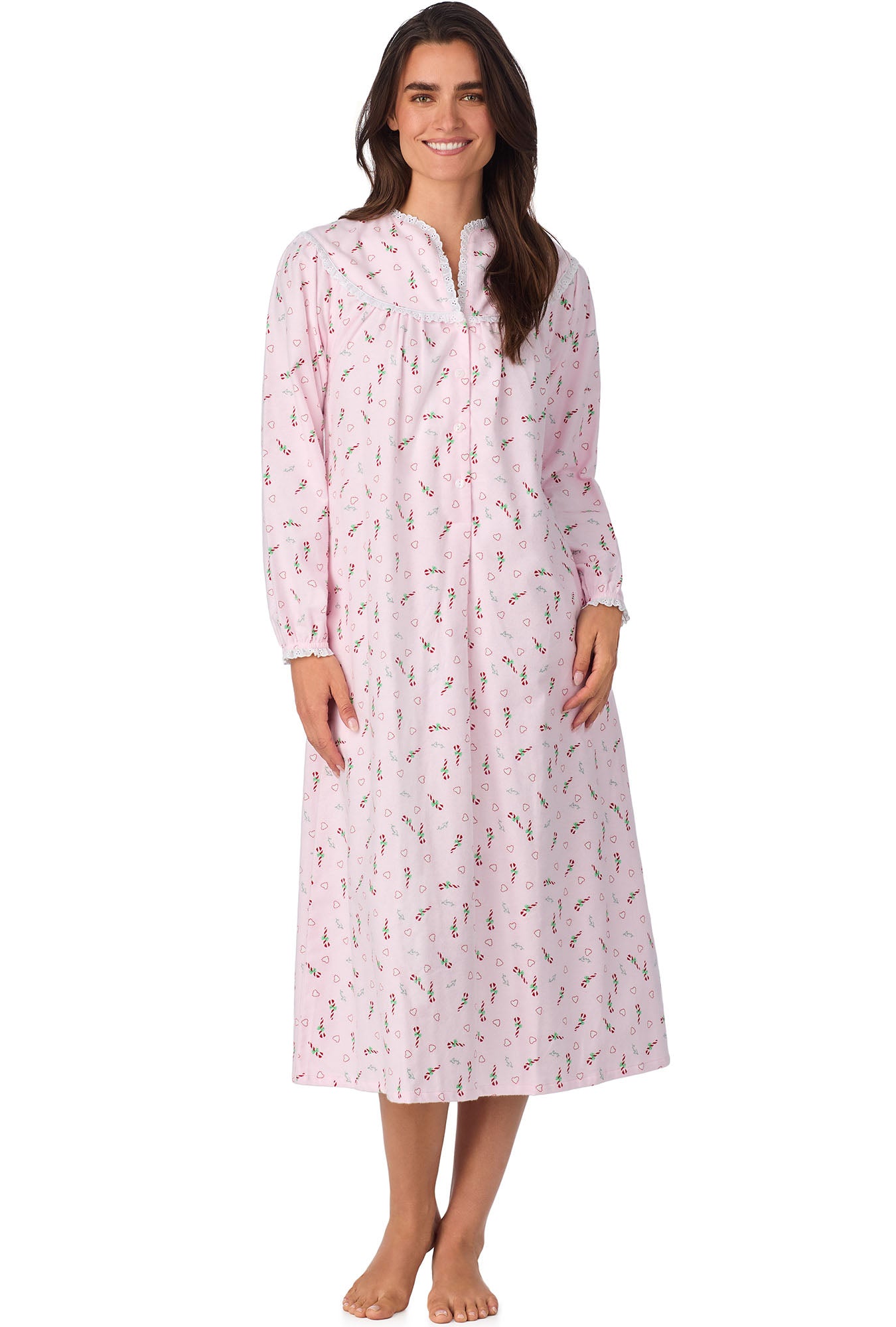 A lady wearing Candy Canes Flannel Gown