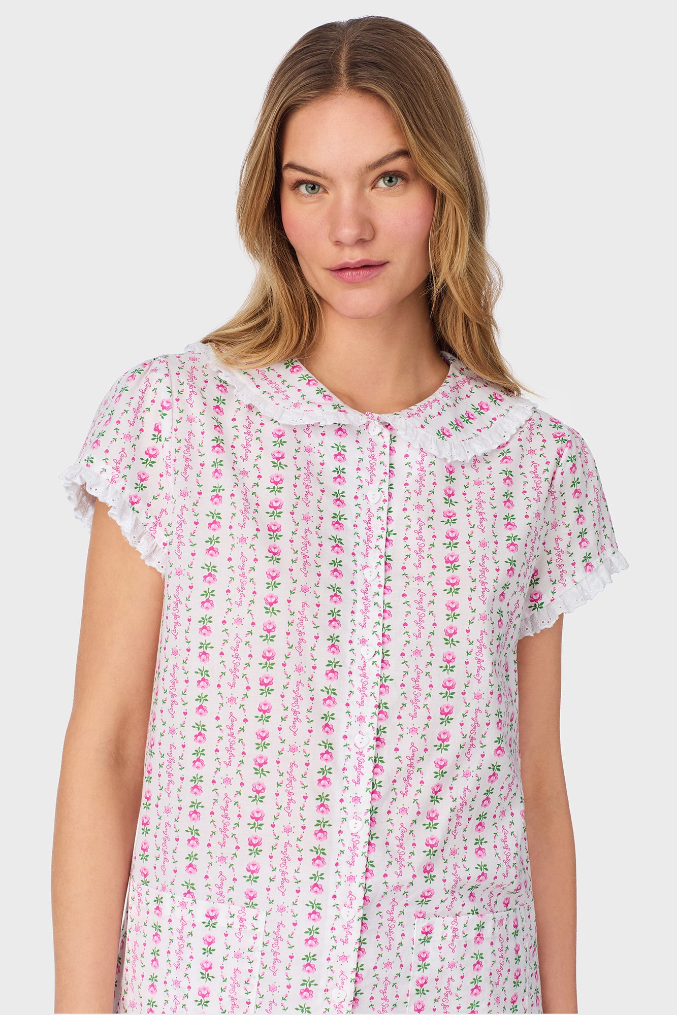 A lady wearing Rosey Tyrolean Cotton Lawn Bermuda Pajama