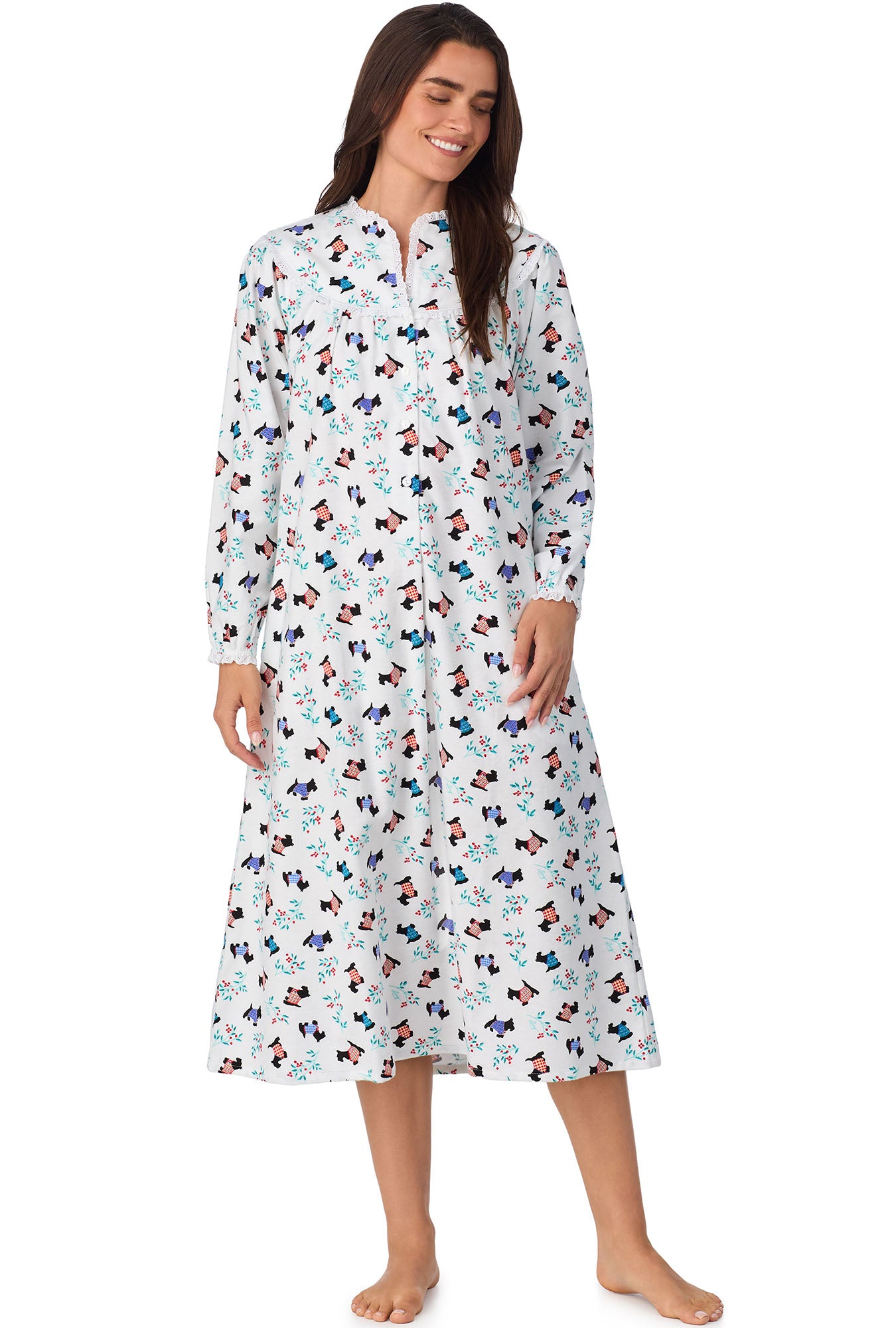 A lady wearing Scottie Dog Flannel Gown