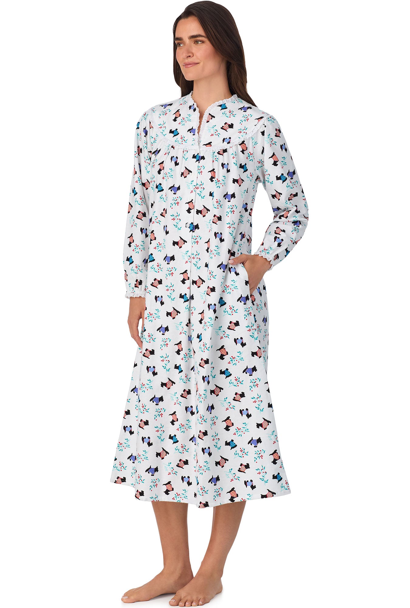 A lady wearing Scottie Dog Flannel Gown