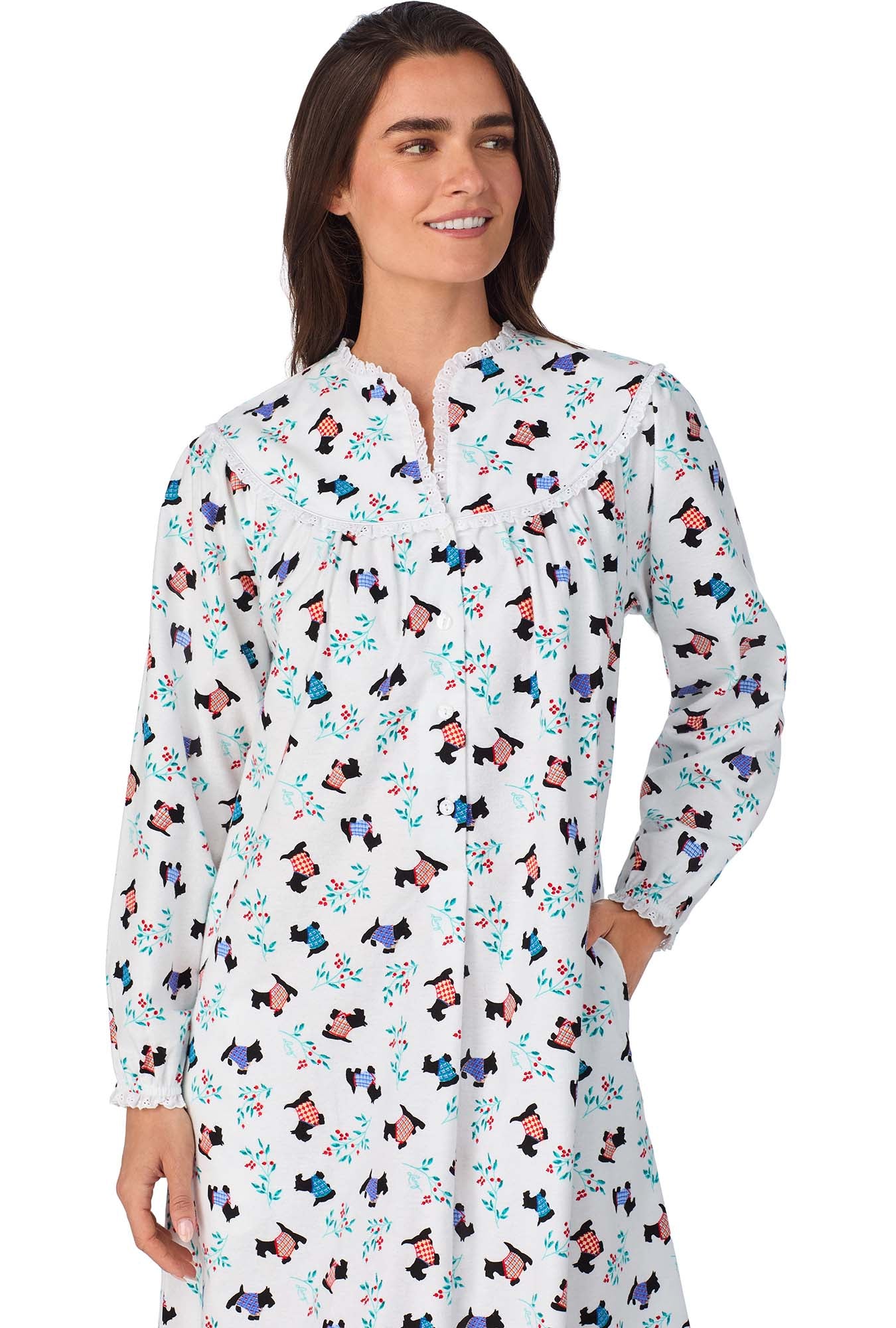 A lady wearing Scottie Dog Flannel Gown