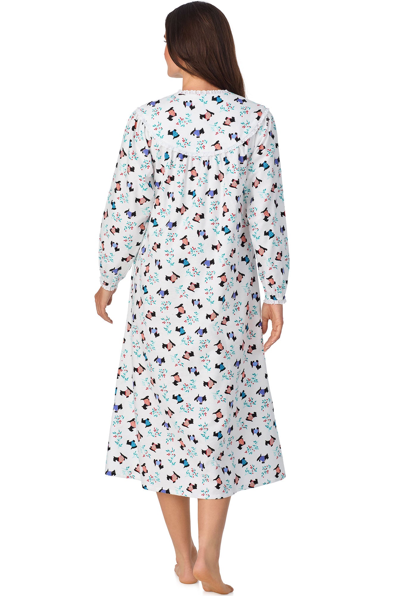 A lady wearing Scottie Dog Flannel Gown