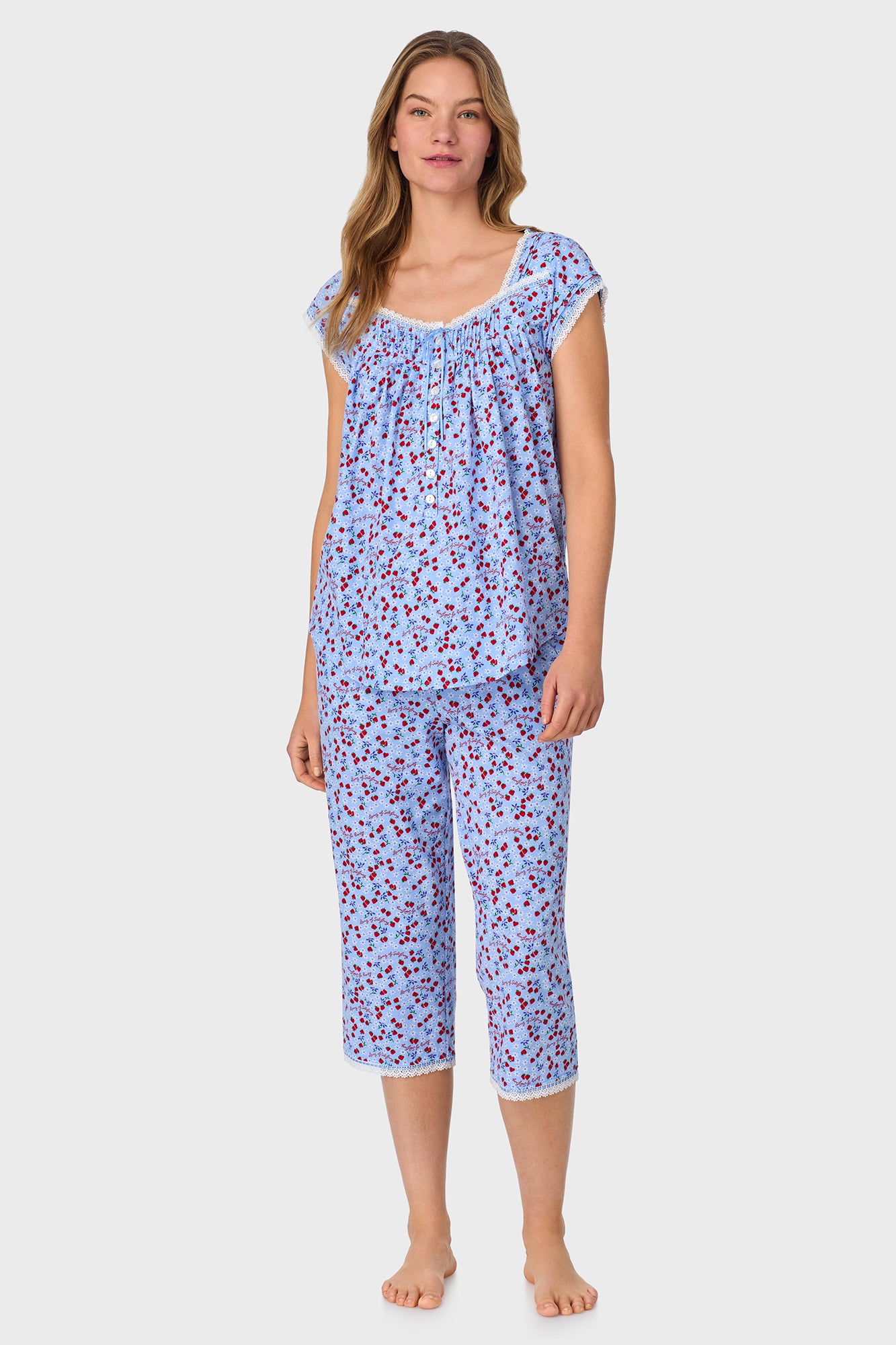 A lady wearing Blue Skies & Berries Cotton Knit Capri Pajama