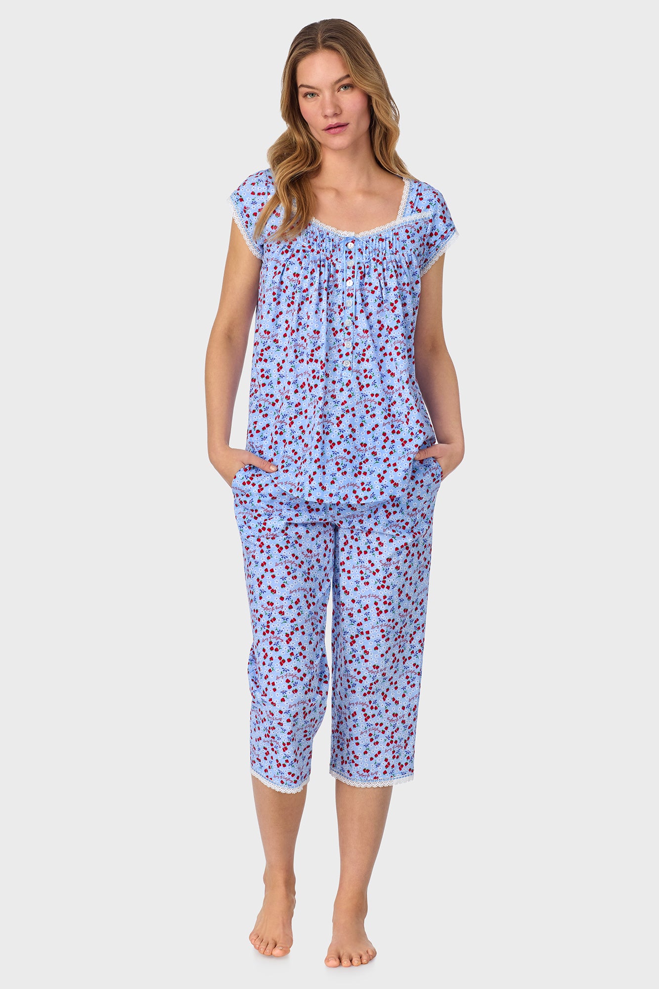 A lady wearing Blue Skies & Berries Cotton Knit Capri Pajama