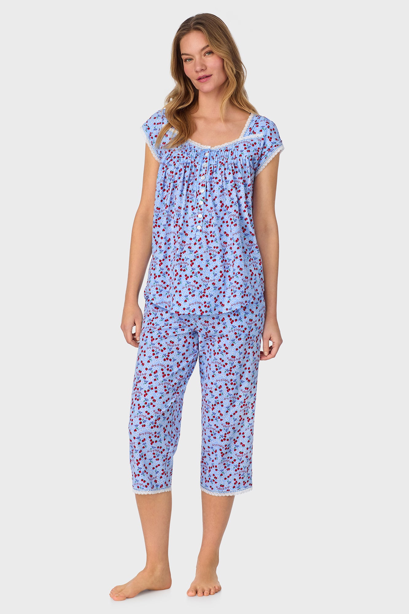 A lady wearing Blue Skies & Berries Cotton Knit Capri Pajama