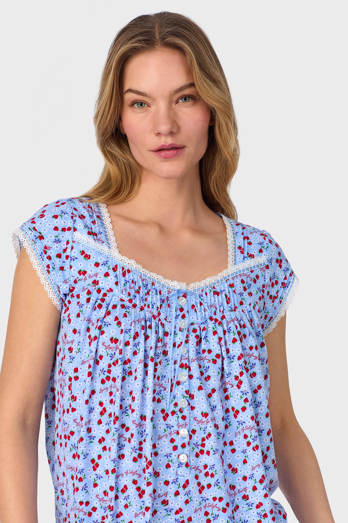 A lady wearing Blue Skies & Berries Cotton Knit Capri Pajama