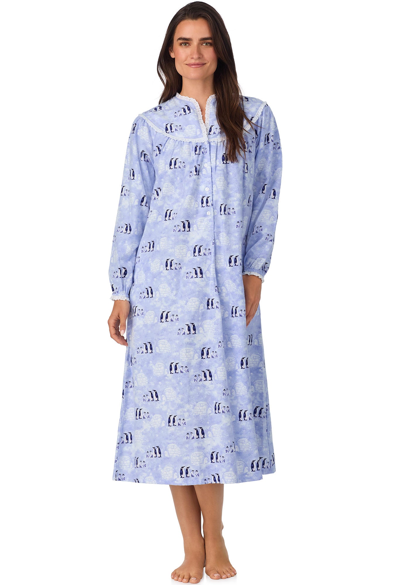 A lady wearing Blue Penguins Flannel Gown