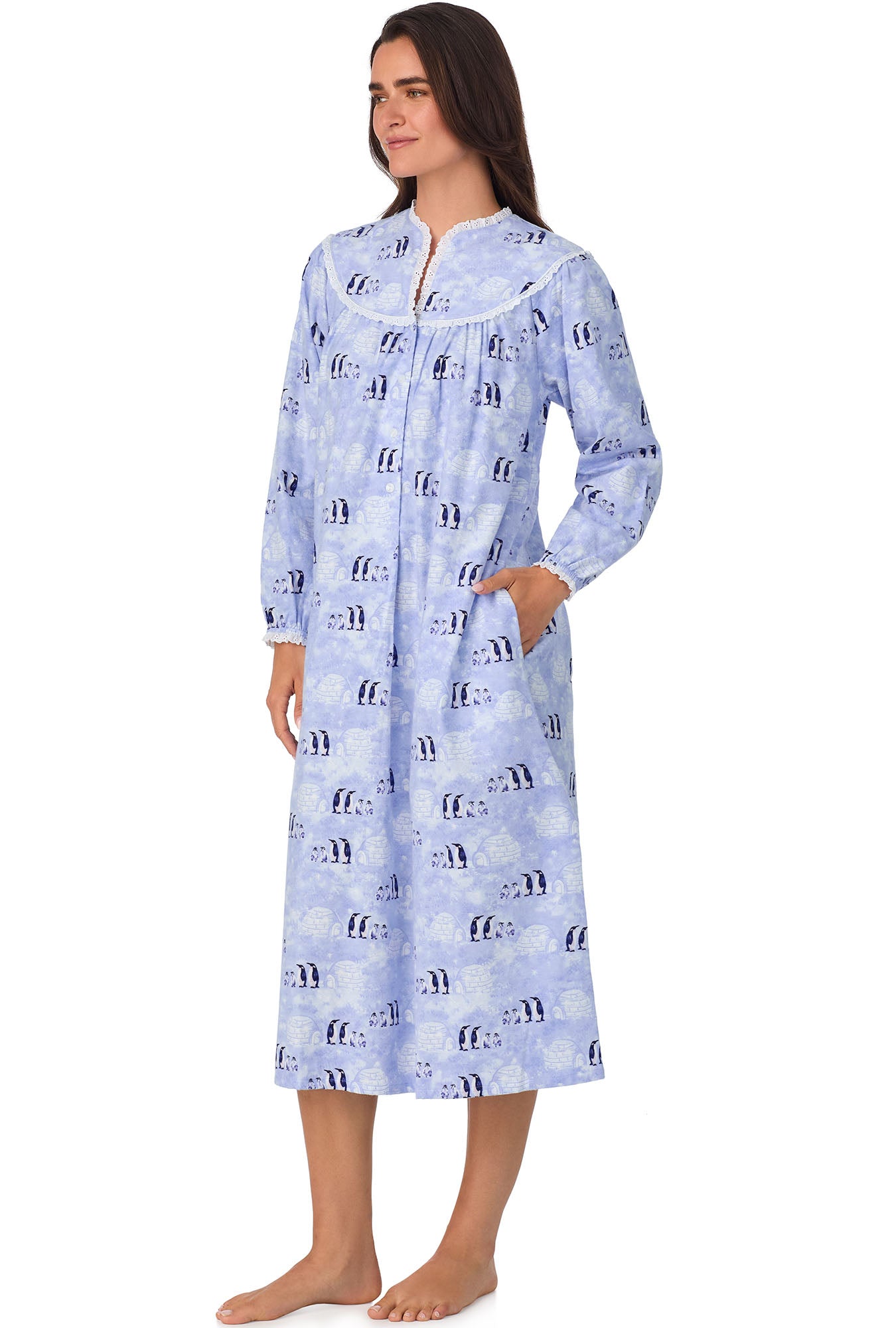 A lady wearing Blue Penguins Flannel Gown