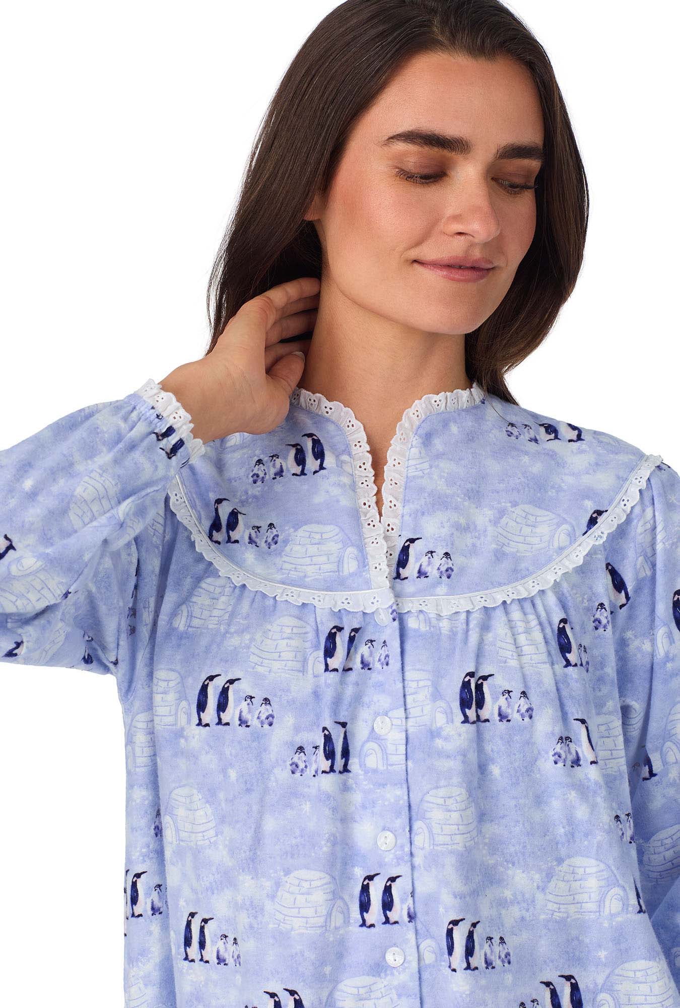 A lady wearing Blue Penguins Flannel Gown