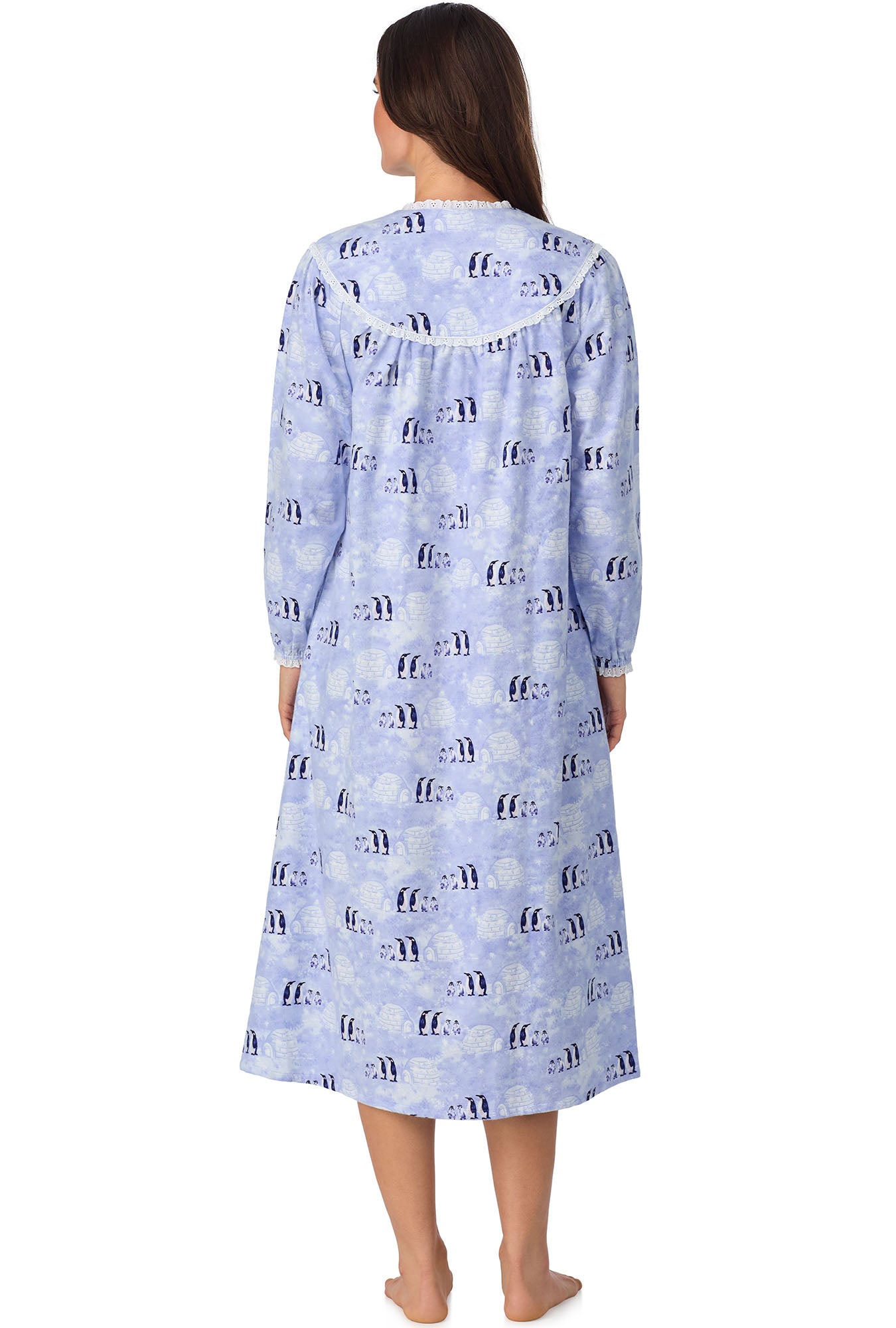 A lady wearing Blue Penguins Flannel Gown