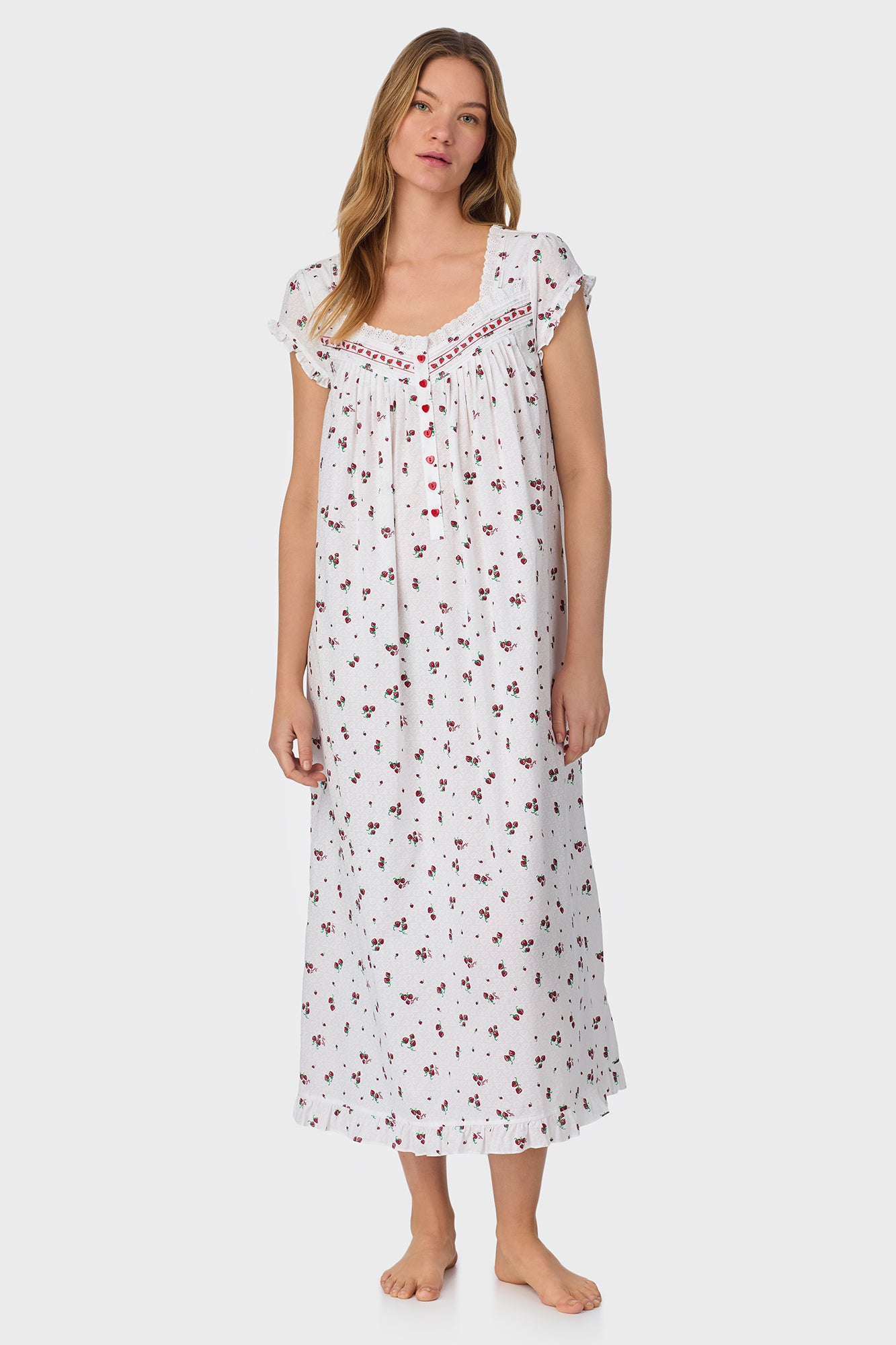 Strawberry Jubilee Cotton Lawn Cap Sleeve Long Nightgown