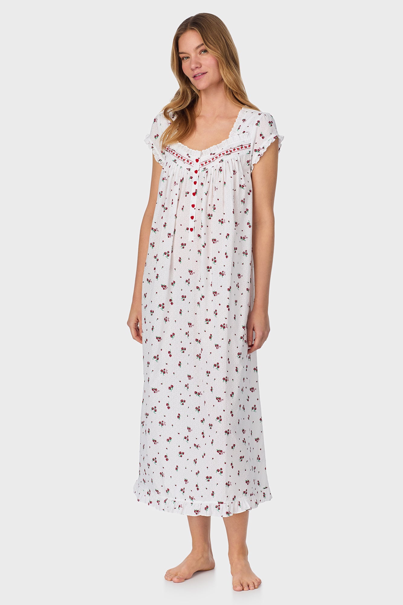 Strawberry Jubilee Cotton Lawn Cap Sleeve Long Nightgown