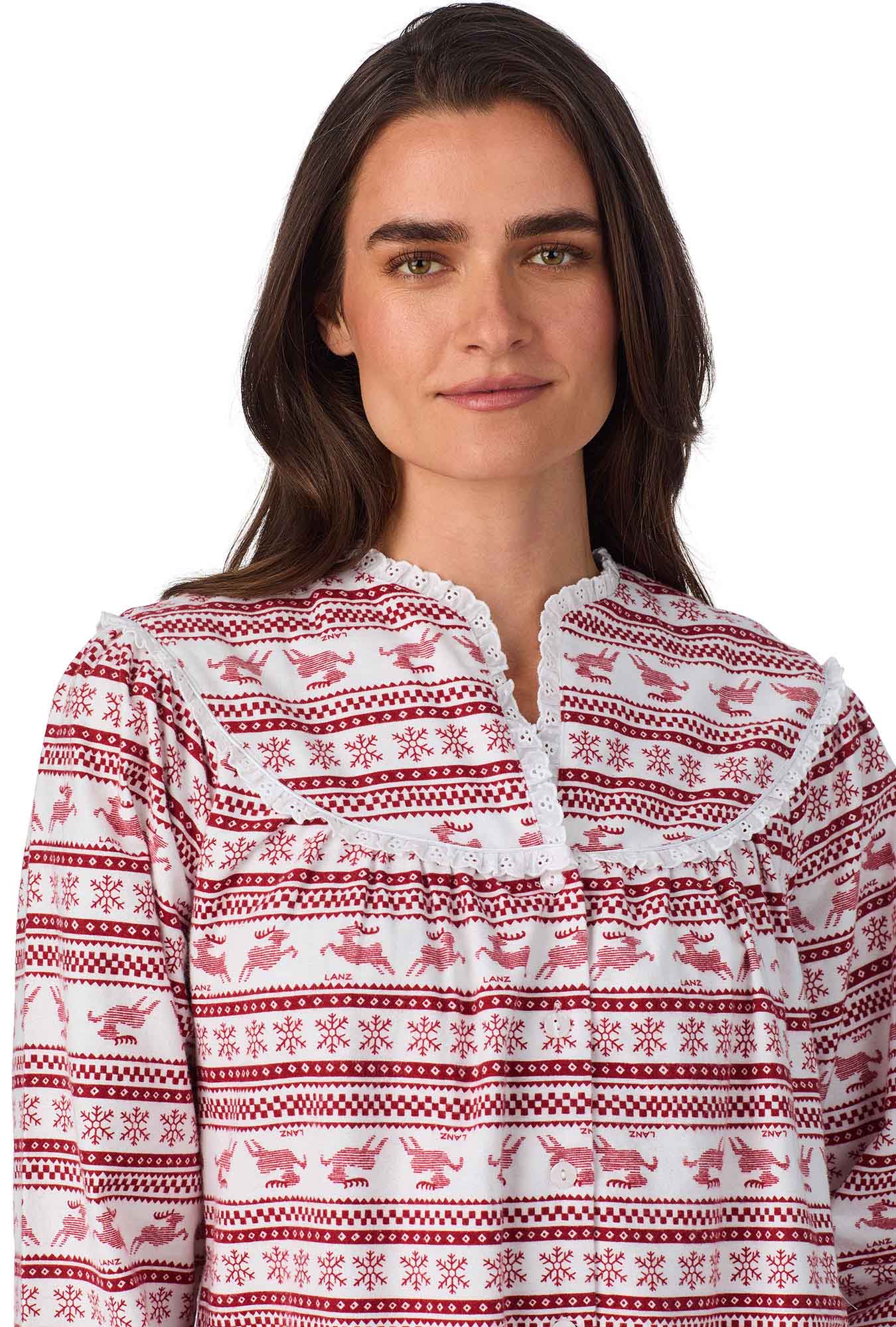 A lady wearing Red Fair Isle Flannel Gown