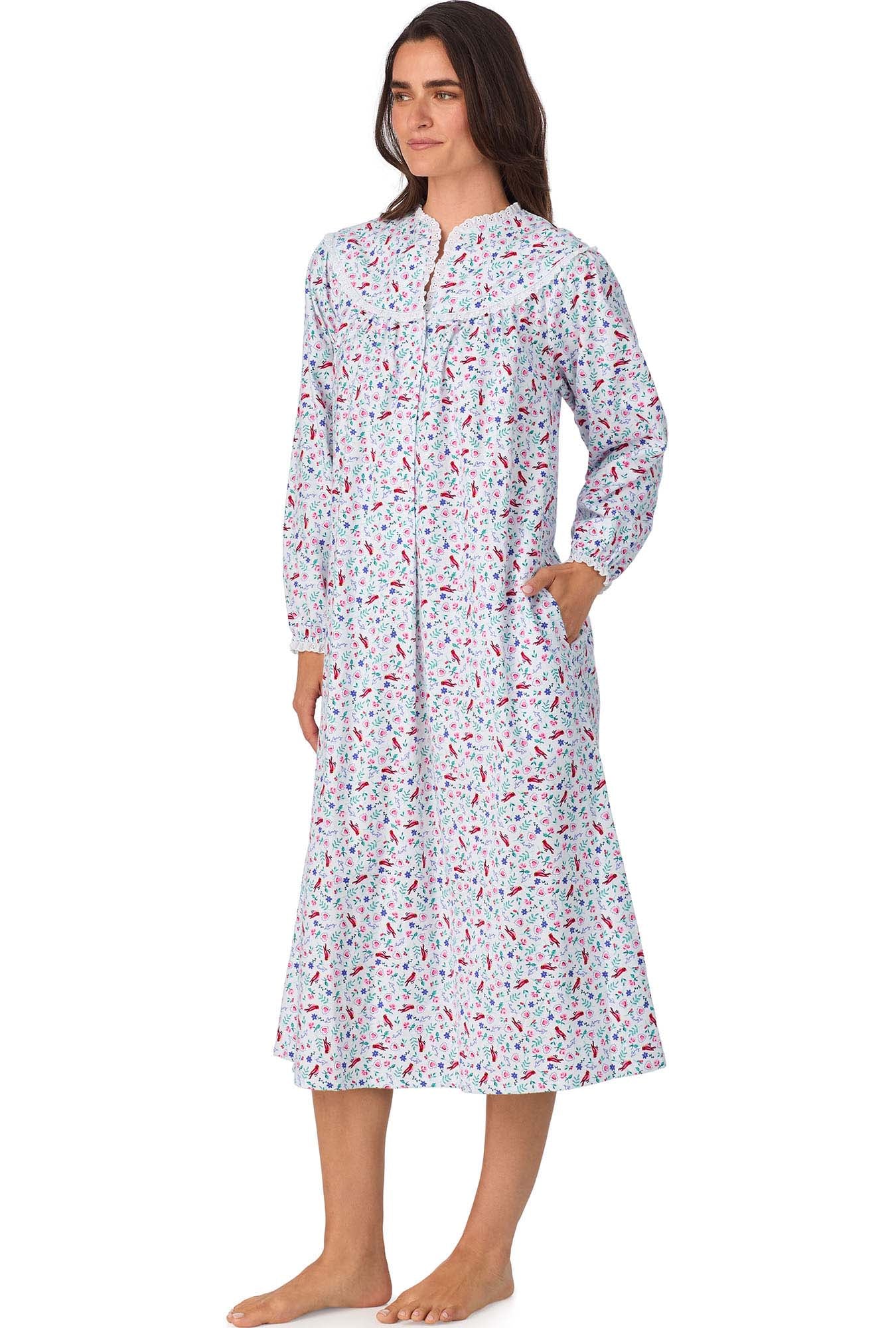 A lady wearing New Cardinal Flannel Gown