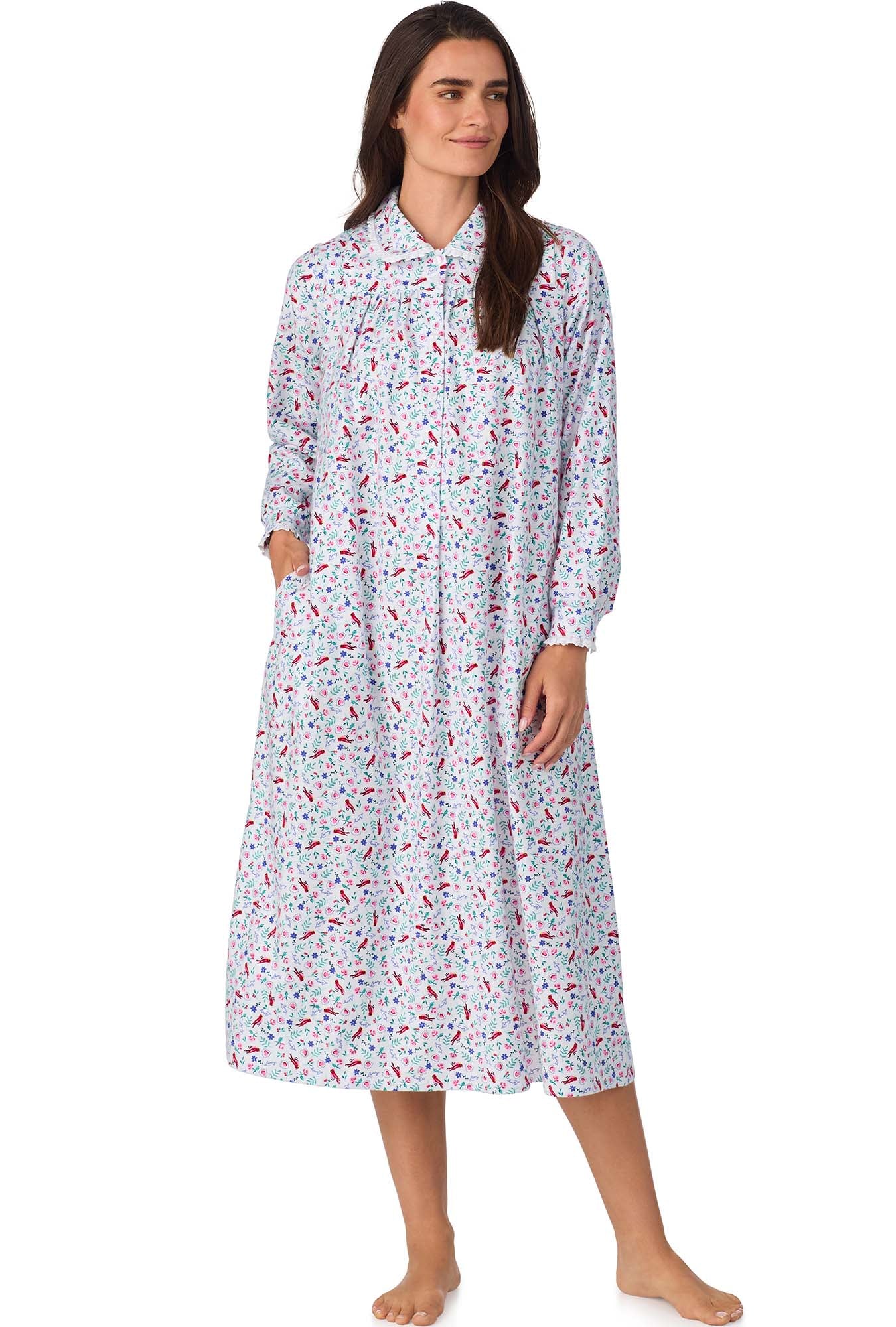 A lady wearing New Cardinal Peter Pan Flannel Gown