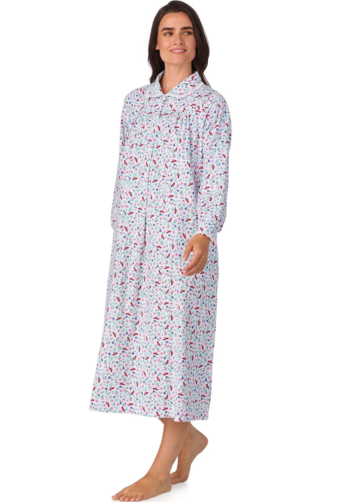 A lady wearing New Cardinal Peter Pan Flannel Gown
