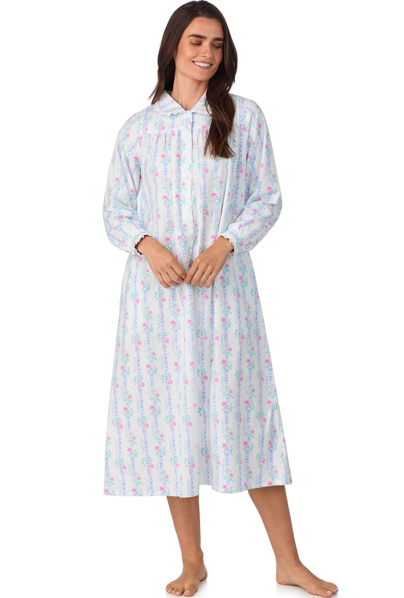 A lady wearing Moire Garland Stripes Peter Pan Flannel Gown