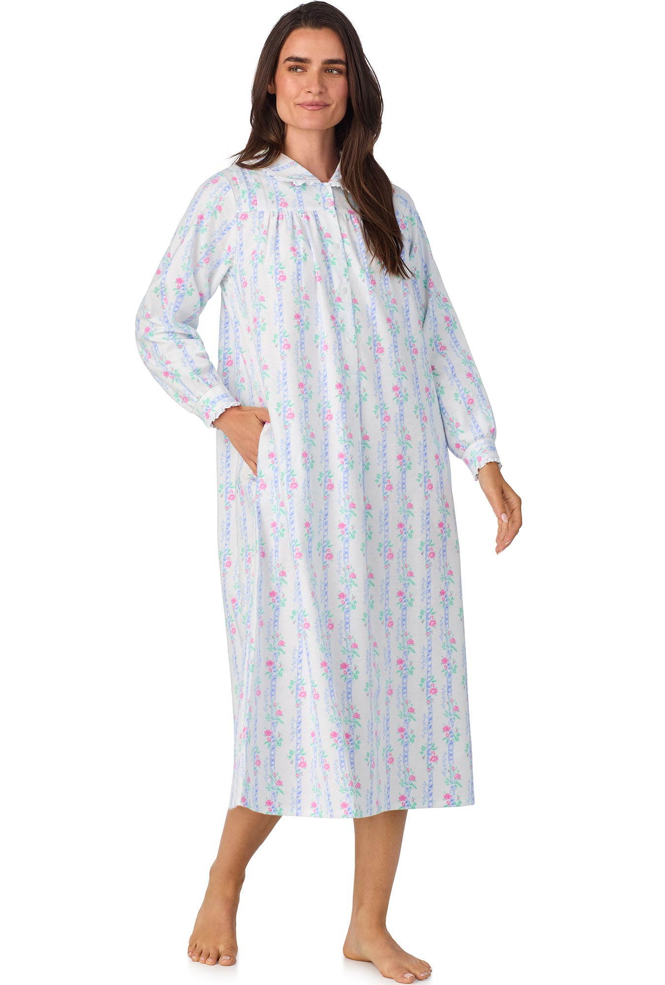 A lady wearing Moire Garland Stripes Peter Pan Flannel Gown