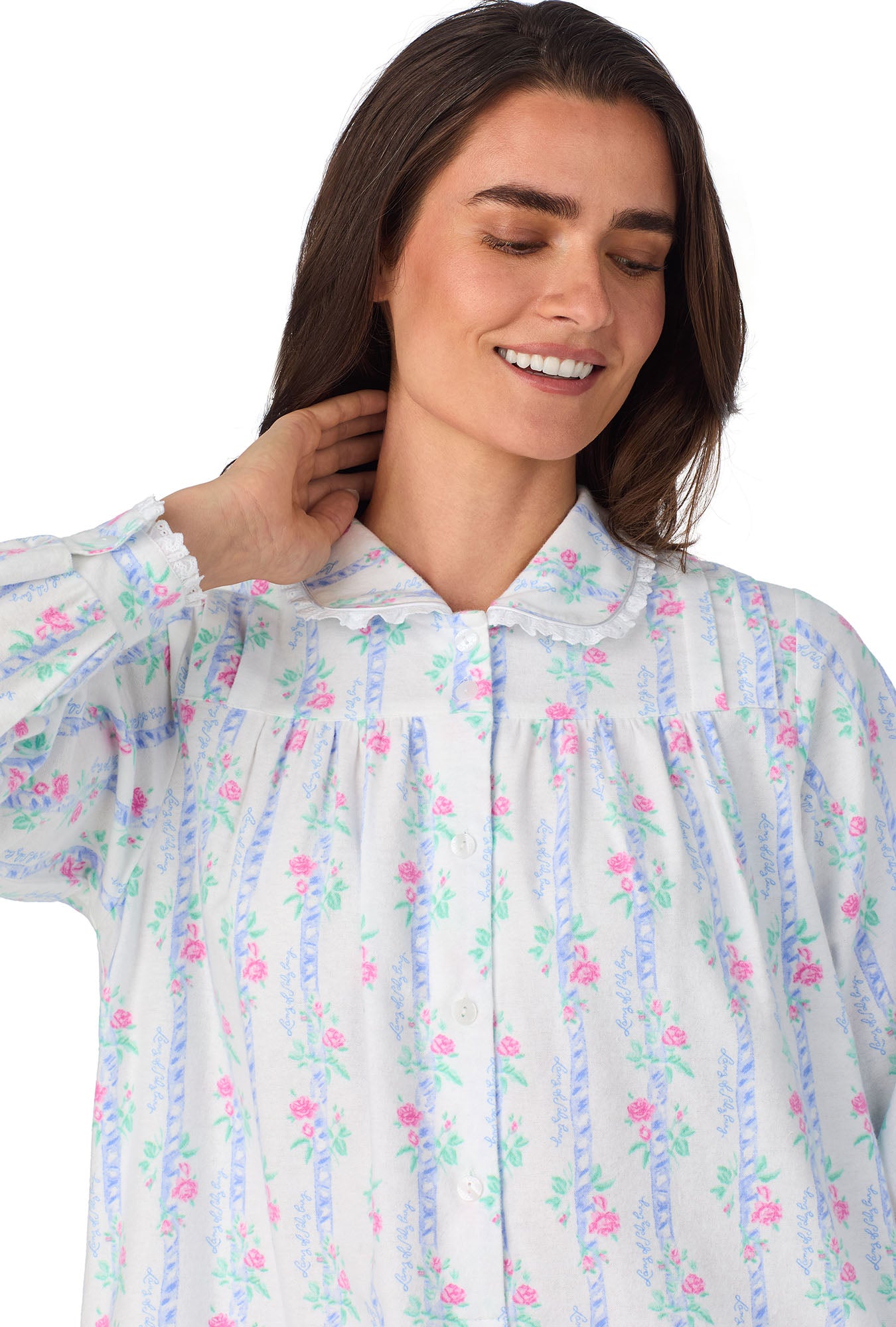 A lady wearing Moire Garland Stripes Peter Pan Flannel Gown