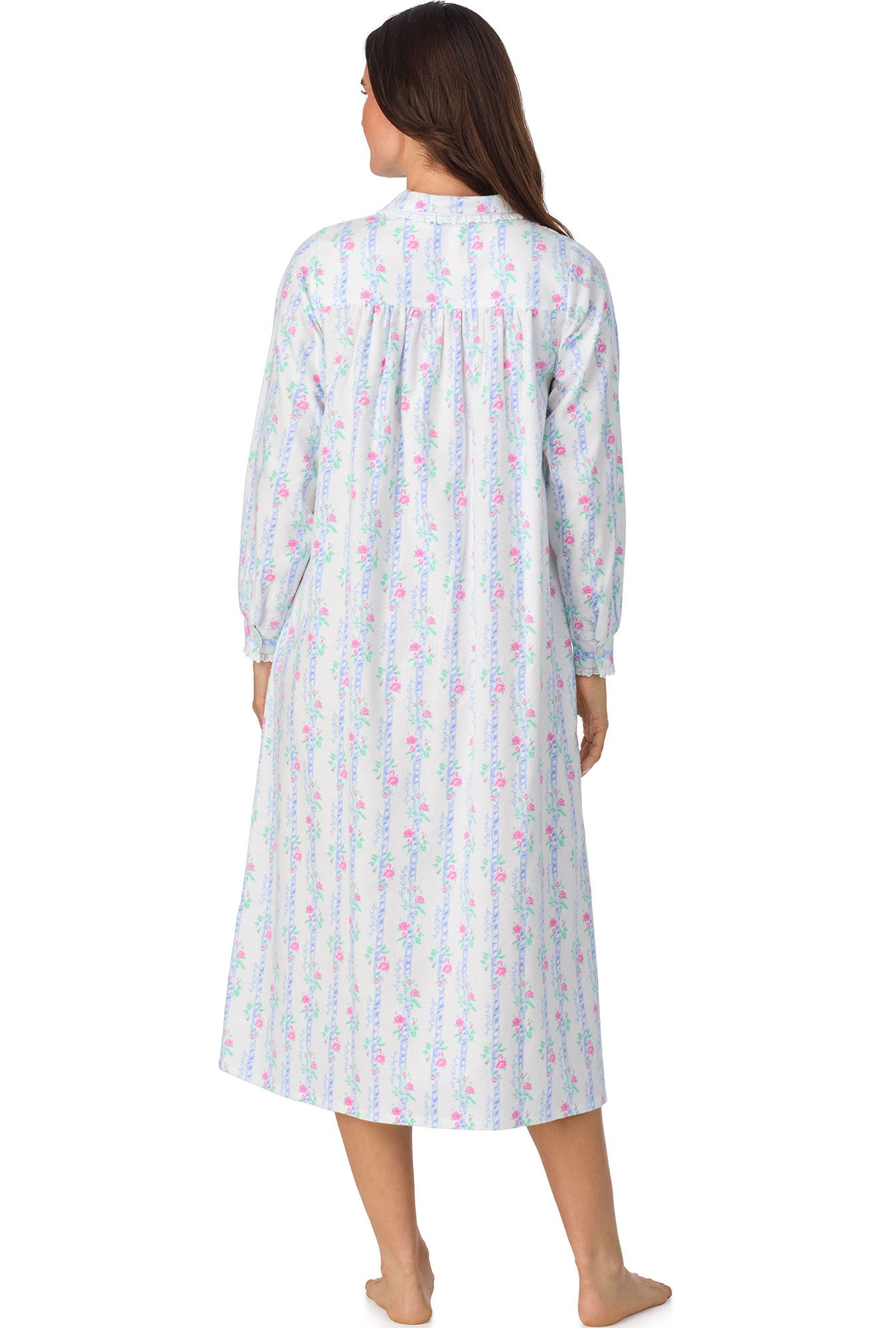 A lady wearing Moire Garland Stripes Peter Pan Flannel Gown